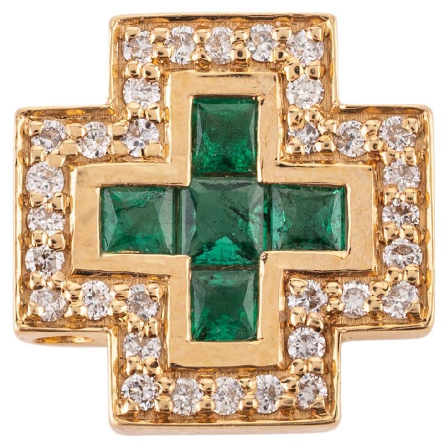 Art Deco 18k Yellow Gold Natural Emerald Diamond Bold Cross Pendant for Her