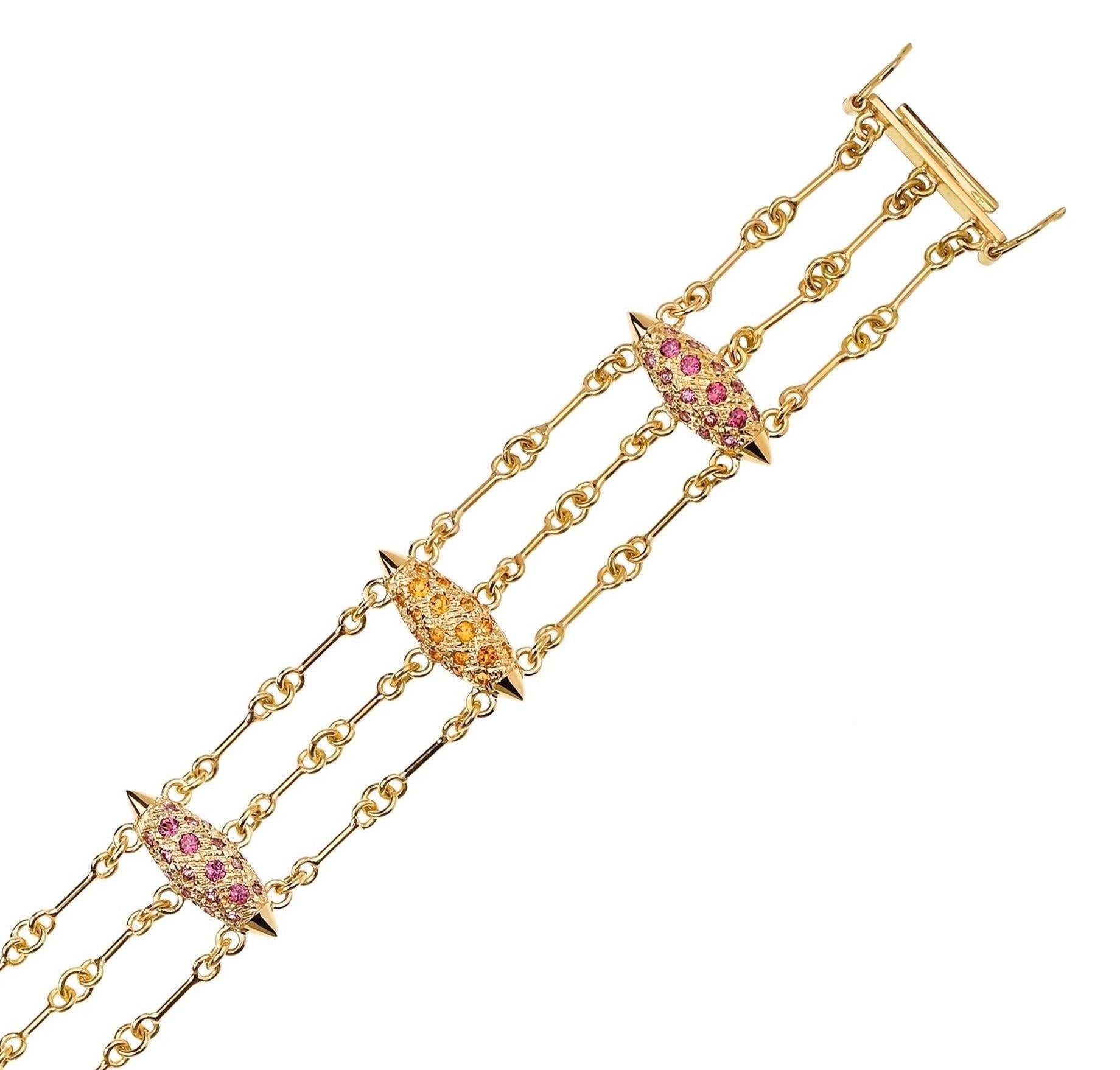 Contemporary 18K Yellow Gold Pink Garnet & Citrine Triple Chain Grain Bracelet For Sale 1