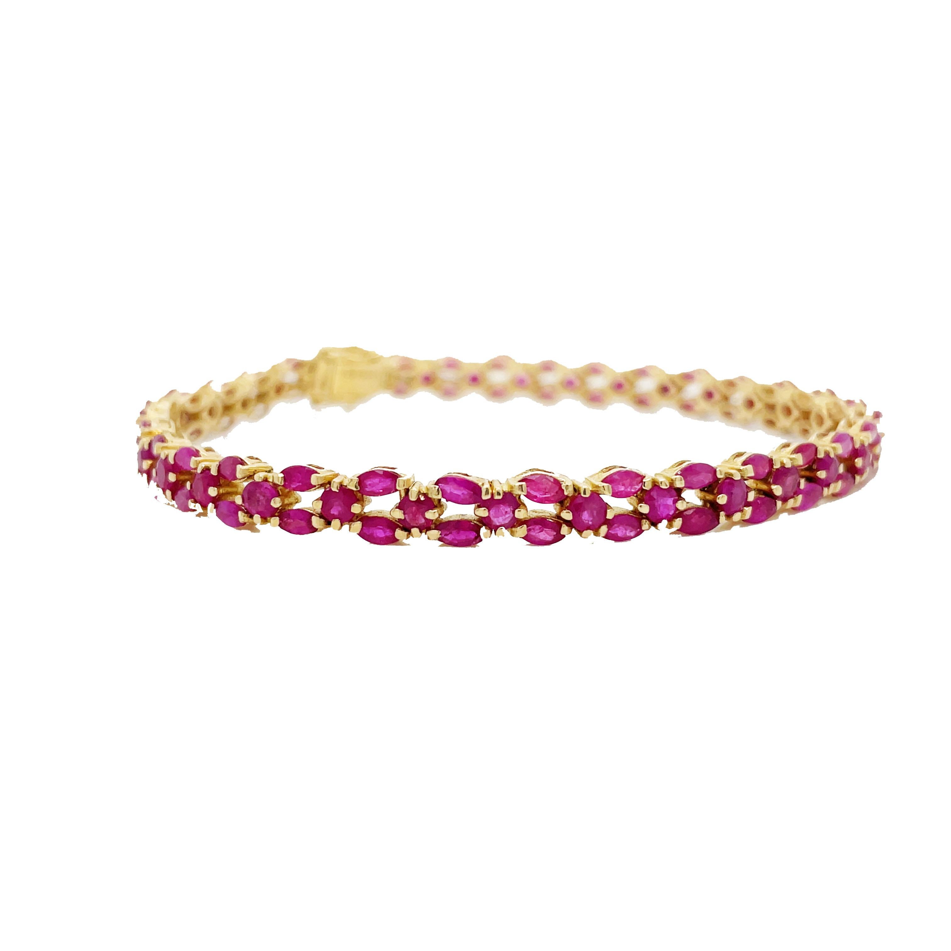 Marquise Cut Contemporary 18K Yellow Gold Ruby Tennis Bracelet For Sale