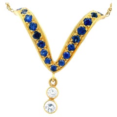 Contemporary 18k Yellow Gold Sapphire & Diamond V Drop Necklace