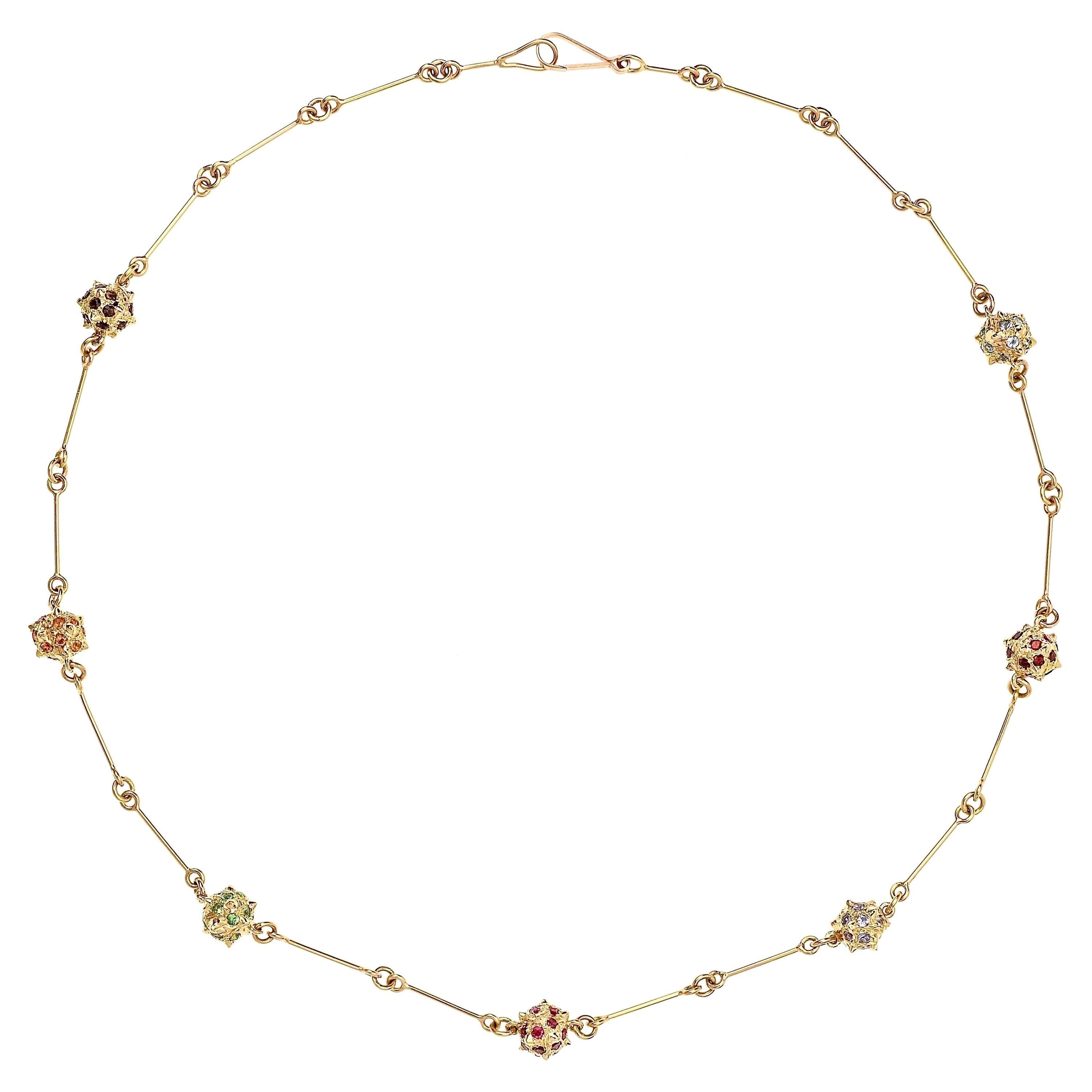 Contemporary 18K Yellow Gold, Sphere Chain Necklace with Multicoloured Gemstones