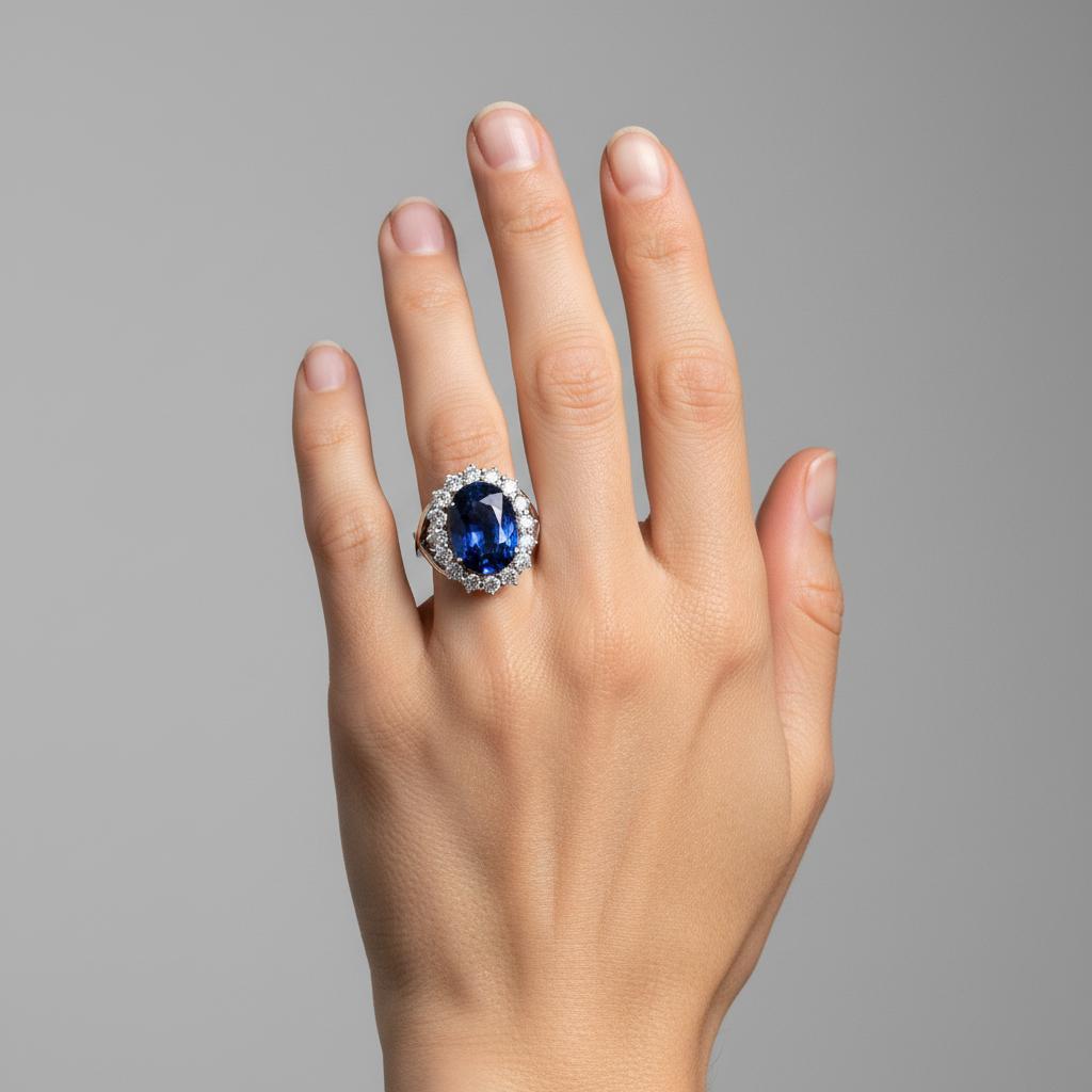 Questo sorprendente anello aureola contemporaneo è sapientemente realizzato in oro bianco 18 carati e presenta un vibrante zaffiro sintetico ovale centrale di circa 7,00 carati. L'audace centro è circondato da una scintillante aureola di 16 diamanti