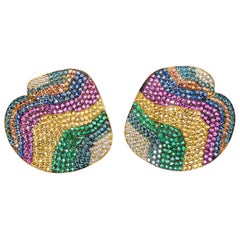 Rosior one-off Diamond, Emerald and Sapphire "Petal" Earrings set in Yellow Gold