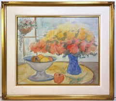 Contemporary 1970s Impressionist Still Life Painting Flower Vase & Fruit Bowl