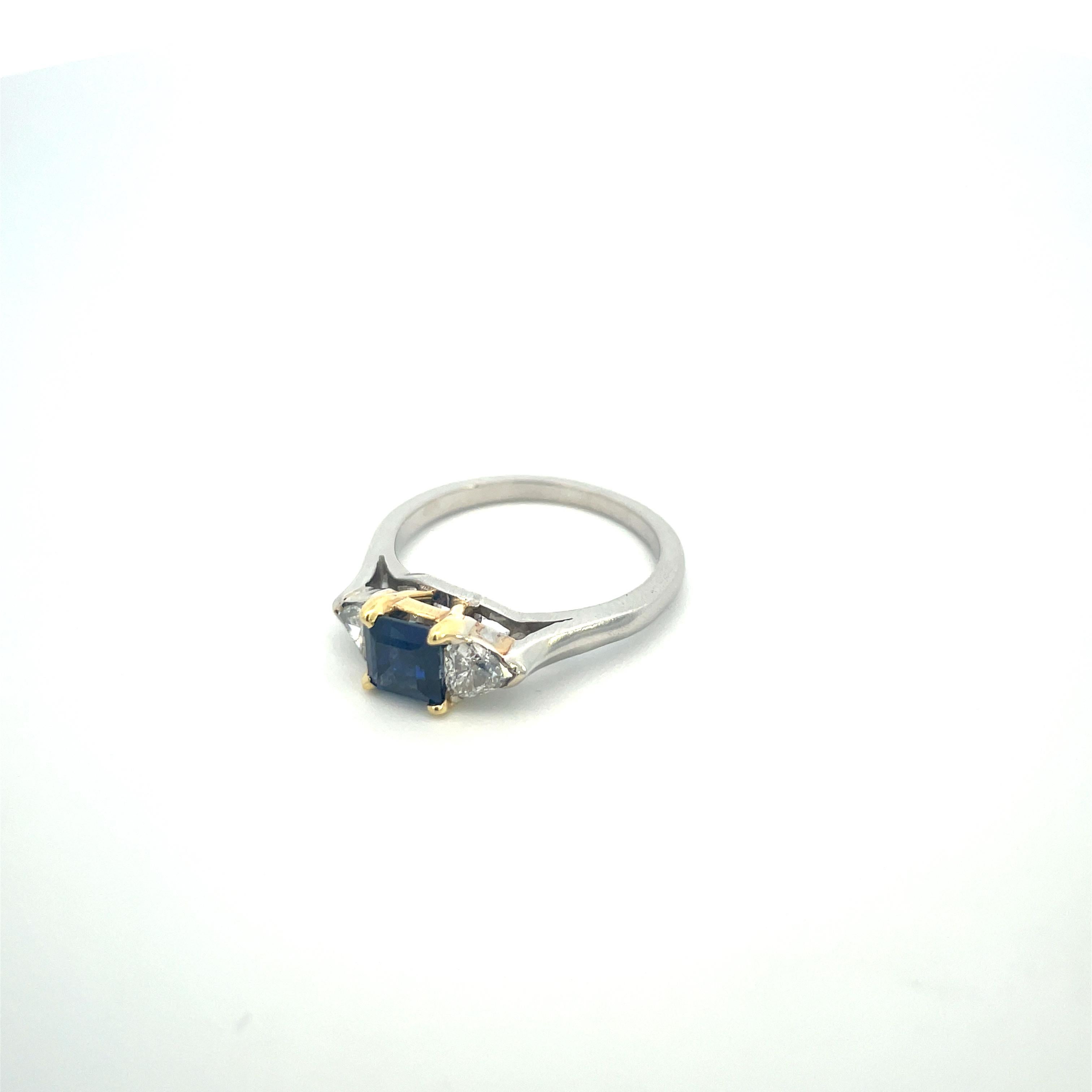 Trillion Cut Contemporary 1980 Platinum w/ 18K Yellow Gold Blue Sapphire and Diamond Ring  For Sale