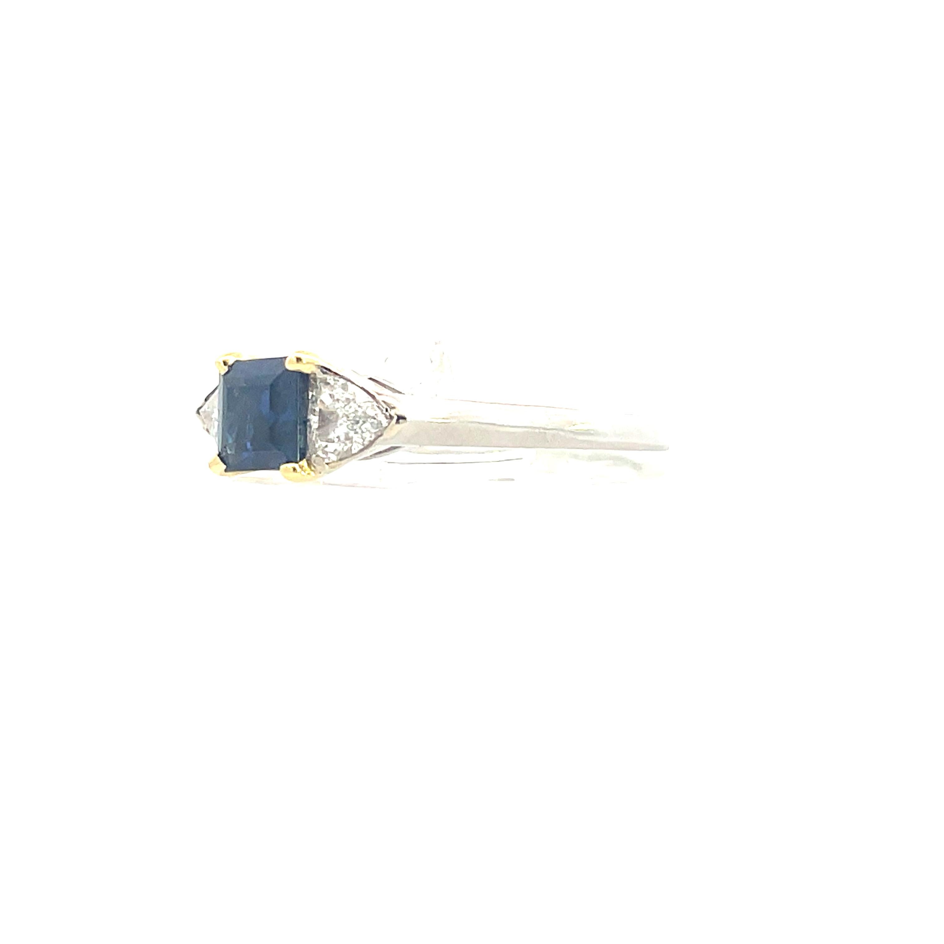 Contemporary 1980 Platinum w/ 18K Yellow Gold Blue Sapphire and Diamond Ring  For Sale 1