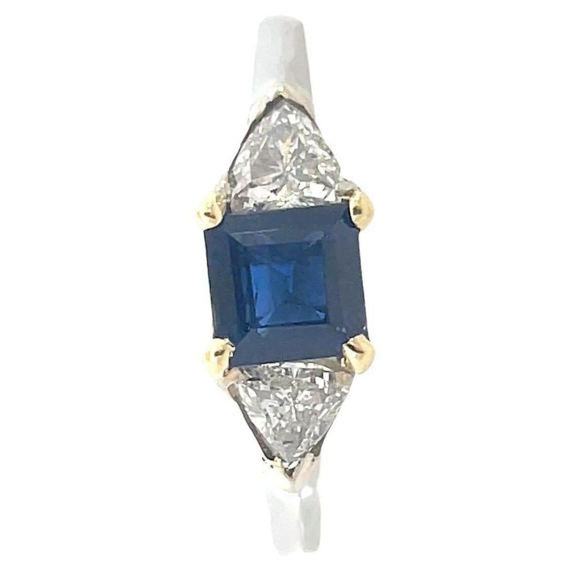Contemporary 1980 Platinum w/ 18K Yellow Gold Blue Sapphire and Diamond Ring  For Sale