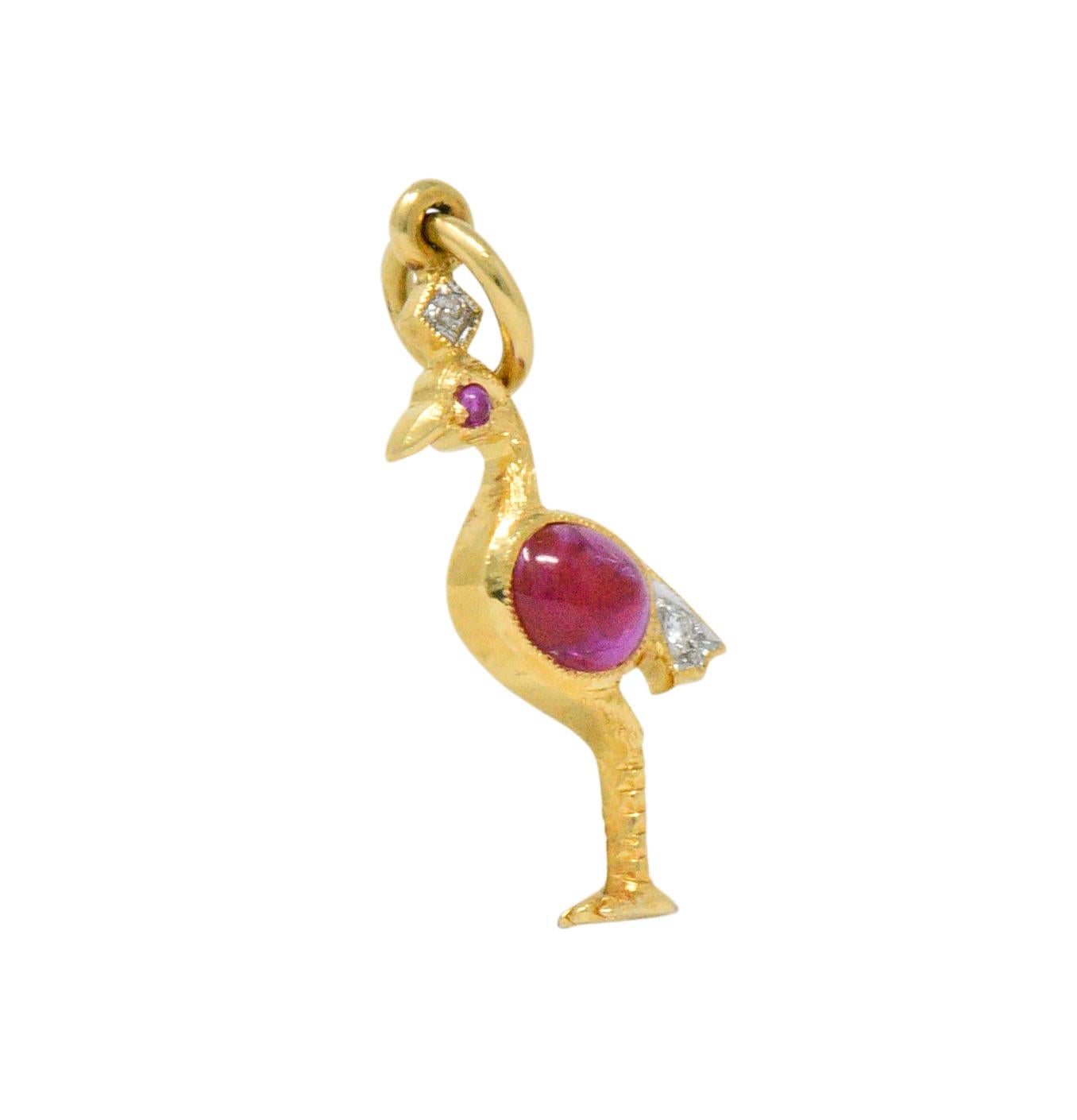 Designed as a flamingo centering an oval cabochon ruby

Accented by two round brilliant cut diamonds and tiny cabochon ruby eye

Tested as 18 karat gold

Measures: 3/8 x 1 Inch

Total Weight: 1.3 Grams

Tropical. Pink. Fun.  
 


Stock Number:We-