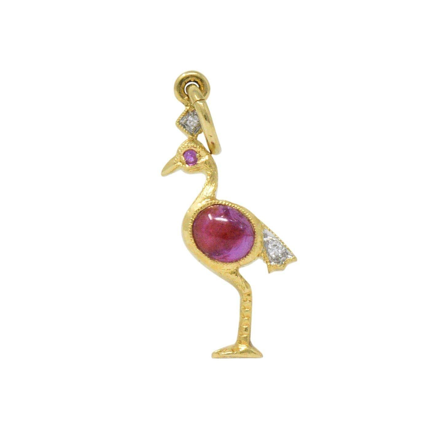 Contemporary 1980s Ruby Diamond 18 Karat Flamingo Gold Charm In Excellent Condition In Philadelphia, PA