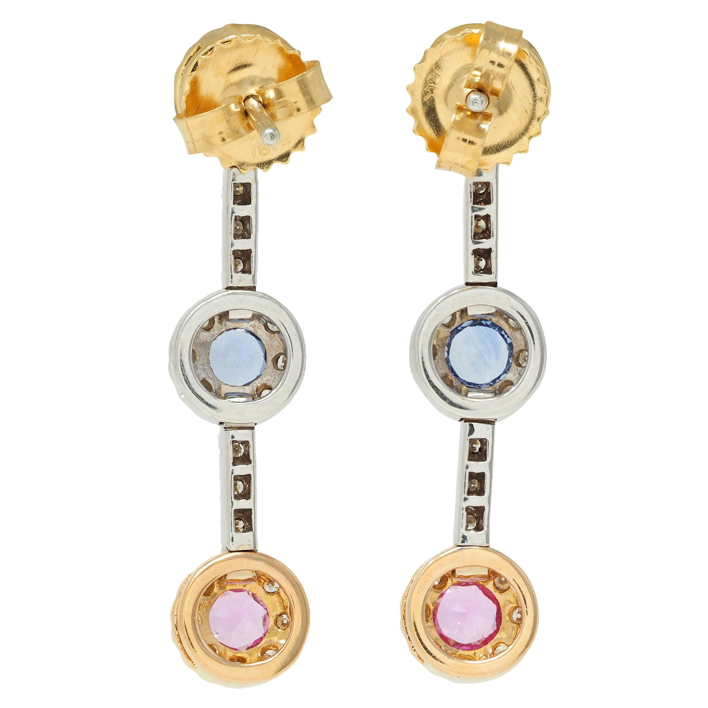 Contemporary 1.99 CTW Fancy Sapphire Diamond 18 Karat zweifarbiger Gold-Tropfen-Ohrring (Rundschliff) im Angebot