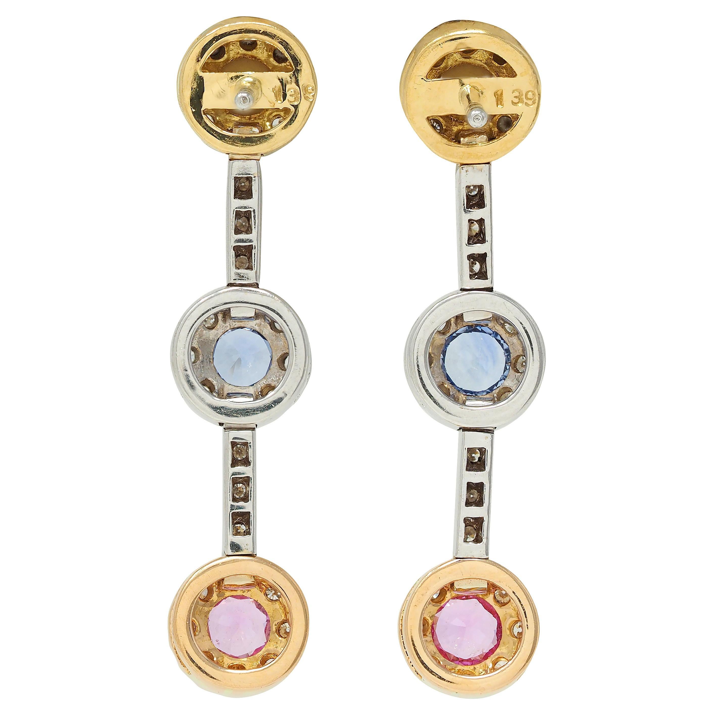 Contemporary 1.99 CTW Fancy Sapphire Diamond 18 Karat zweifarbiger Gold-Tropfen-Ohrring im Zustand „Hervorragend“ im Angebot in Philadelphia, PA