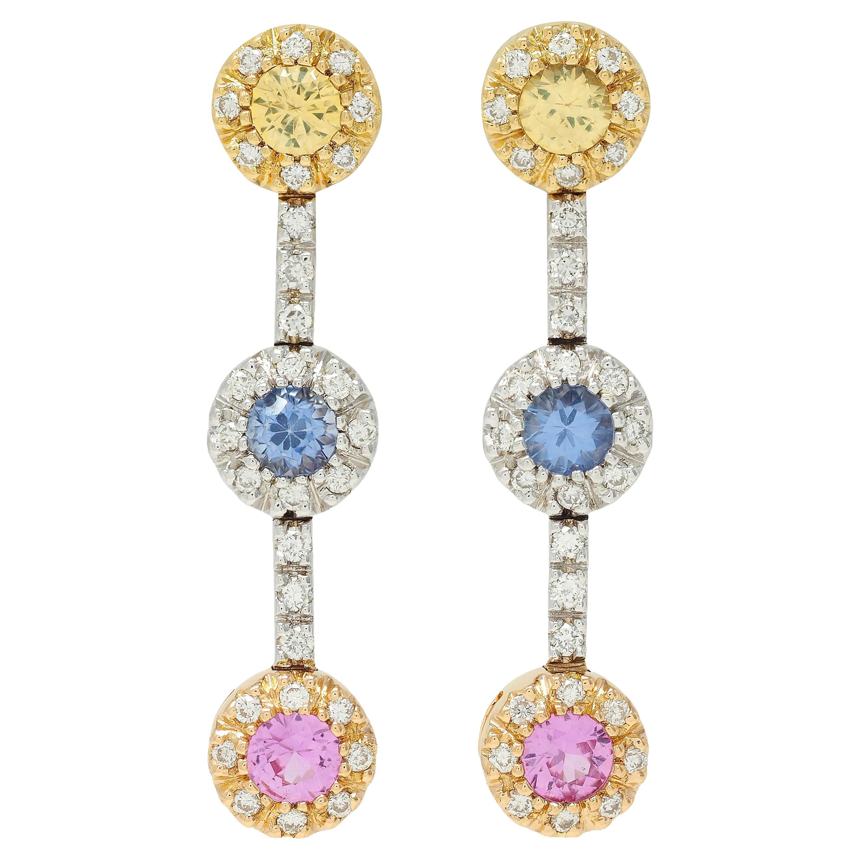 Contemporary 1.99 CTW Fancy Sapphire Diamond 18 Karat Two-Tone Gold Drop Earring