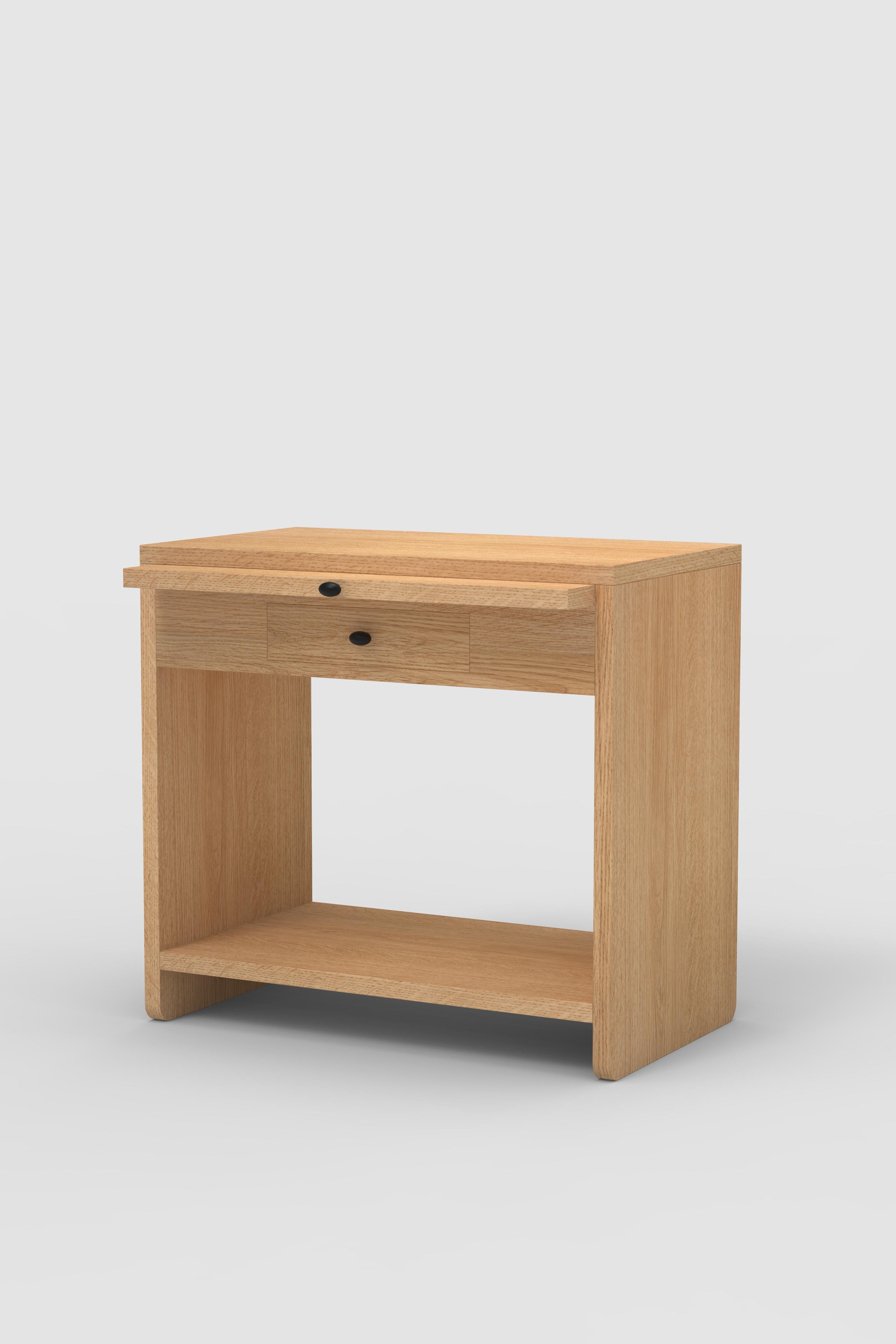 Orphan work 200 bedside
Shown in oak.
Available in natural oak. 
Measures: 28” W x 16” D x 26” H
small drawer 12
