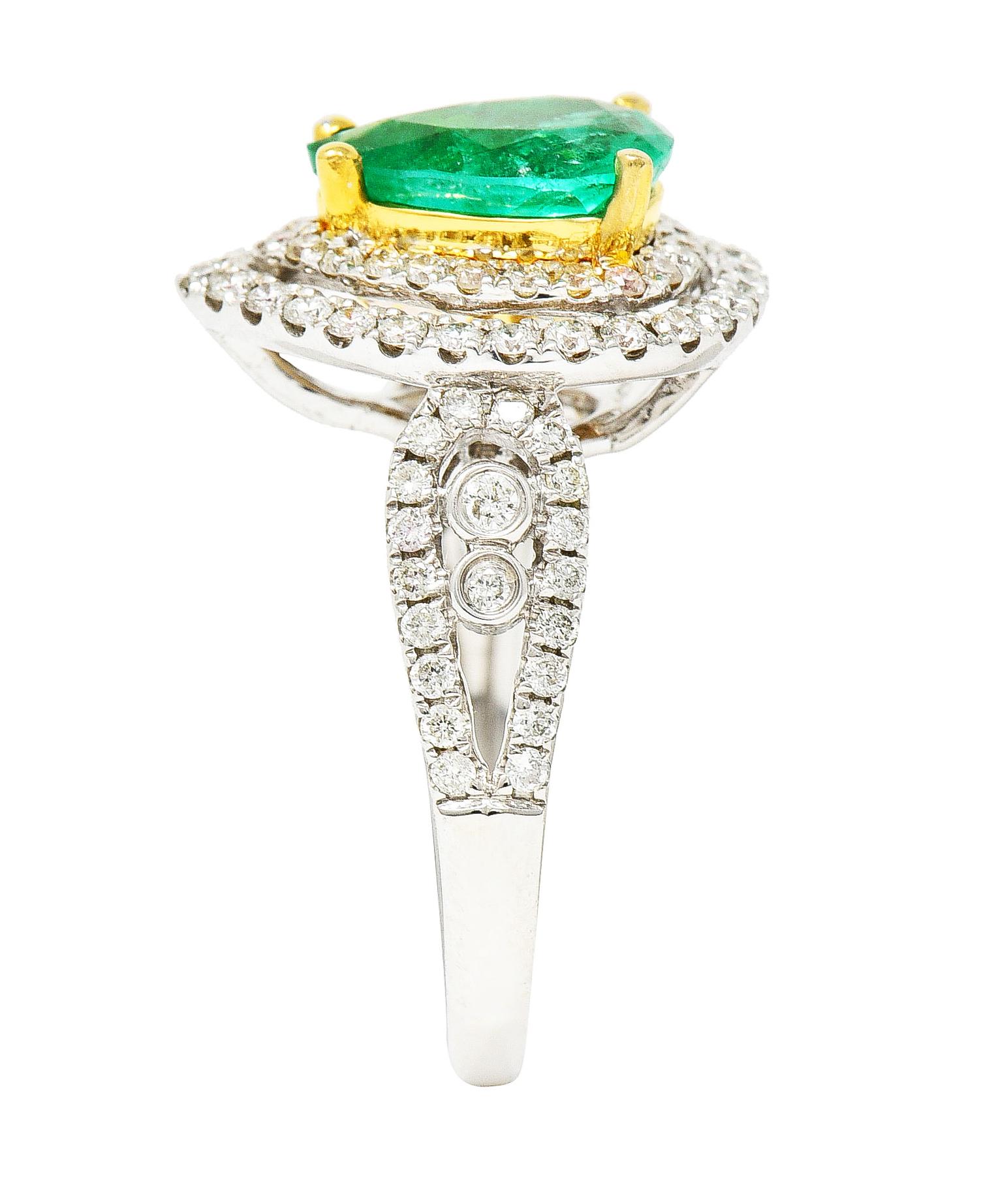 Contemporary 2.00 Carats Emerald Diamond 14 Karat Two-Tone Gold Double Halo Ring For Sale 4