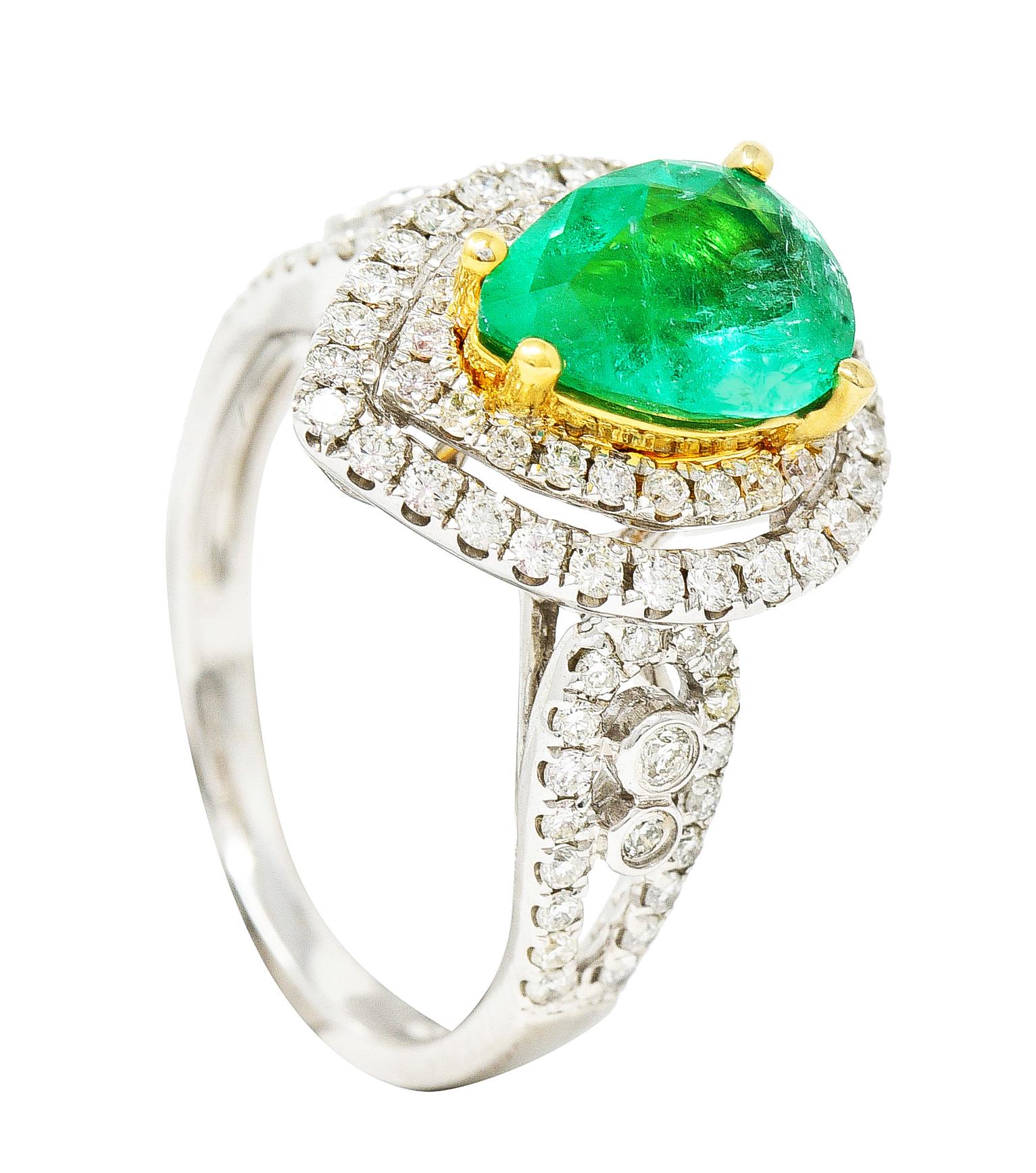 Contemporary 2.00 Carats Emerald Diamond 14 Karat Two-Tone Gold Double Halo Ring For Sale 6