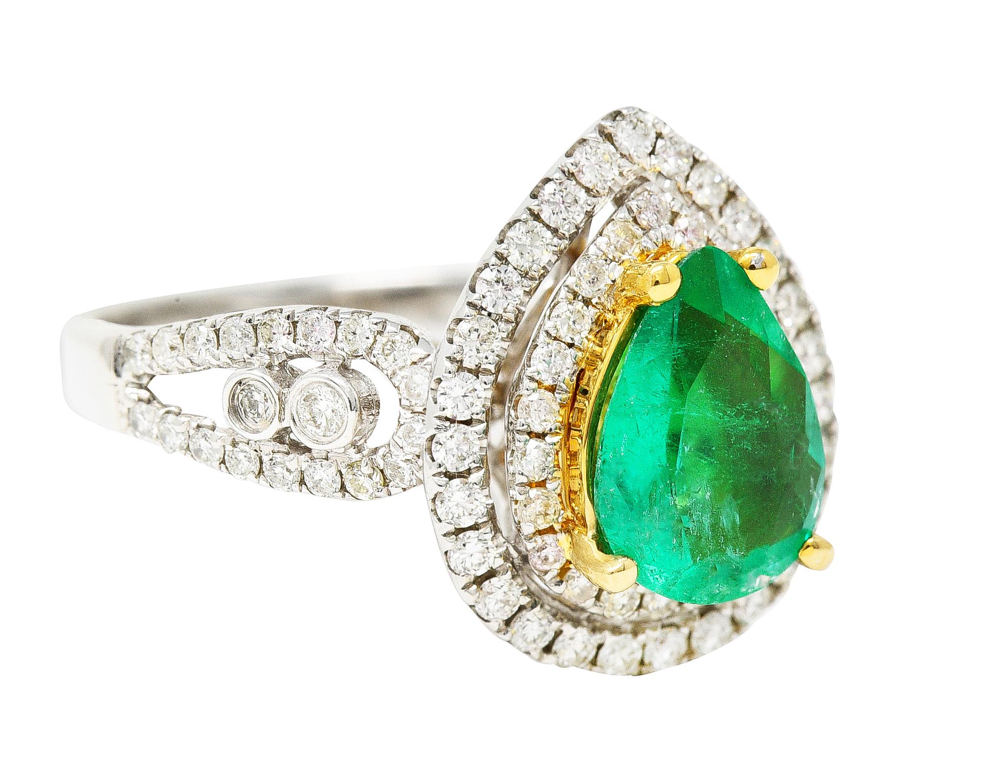 Pear Cut Contemporary 2.00 Carats Emerald Diamond 14 Karat Two-Tone Gold Double Halo Ring For Sale