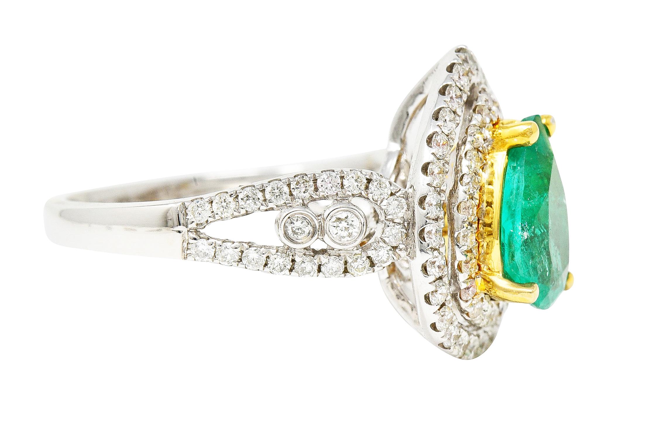 Contemporary 2.00 Carats Emerald Diamond 14 Karat Two-Tone Gold Double Halo Ring In Excellent Condition For Sale In Philadelphia, PA