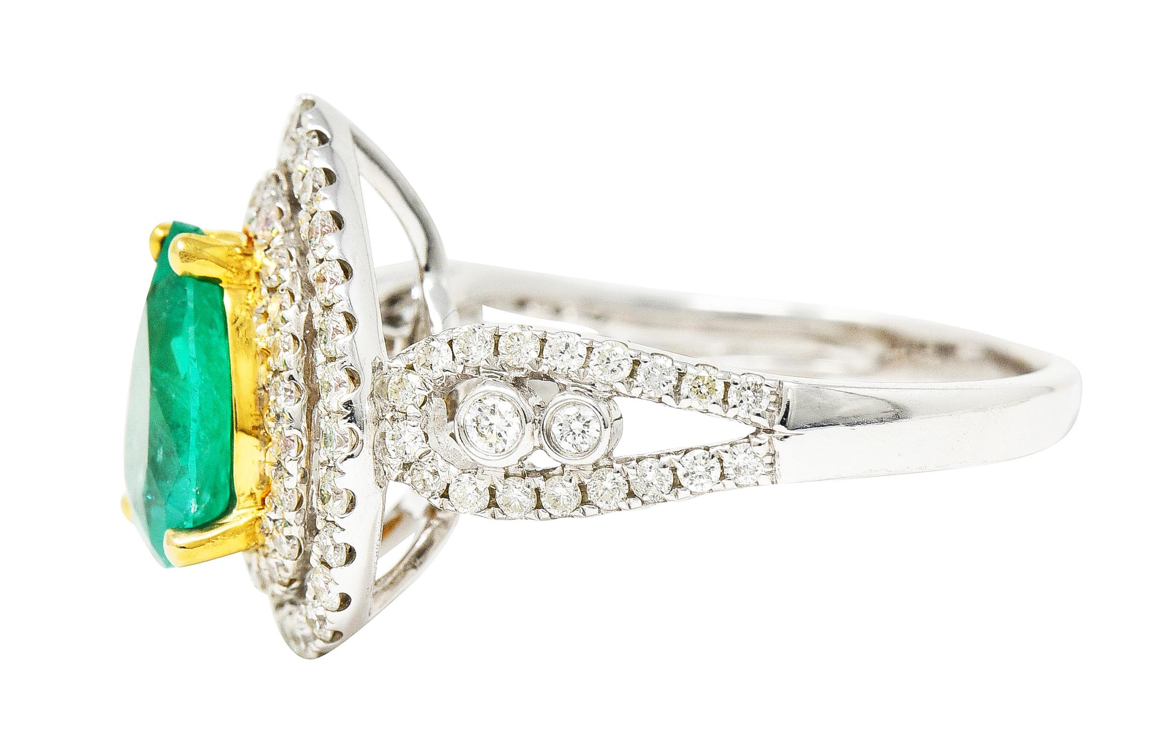 Contemporary 2.00 Carats Emerald Diamond 14 Karat Two-Tone Gold Double Halo Ring For Sale 1