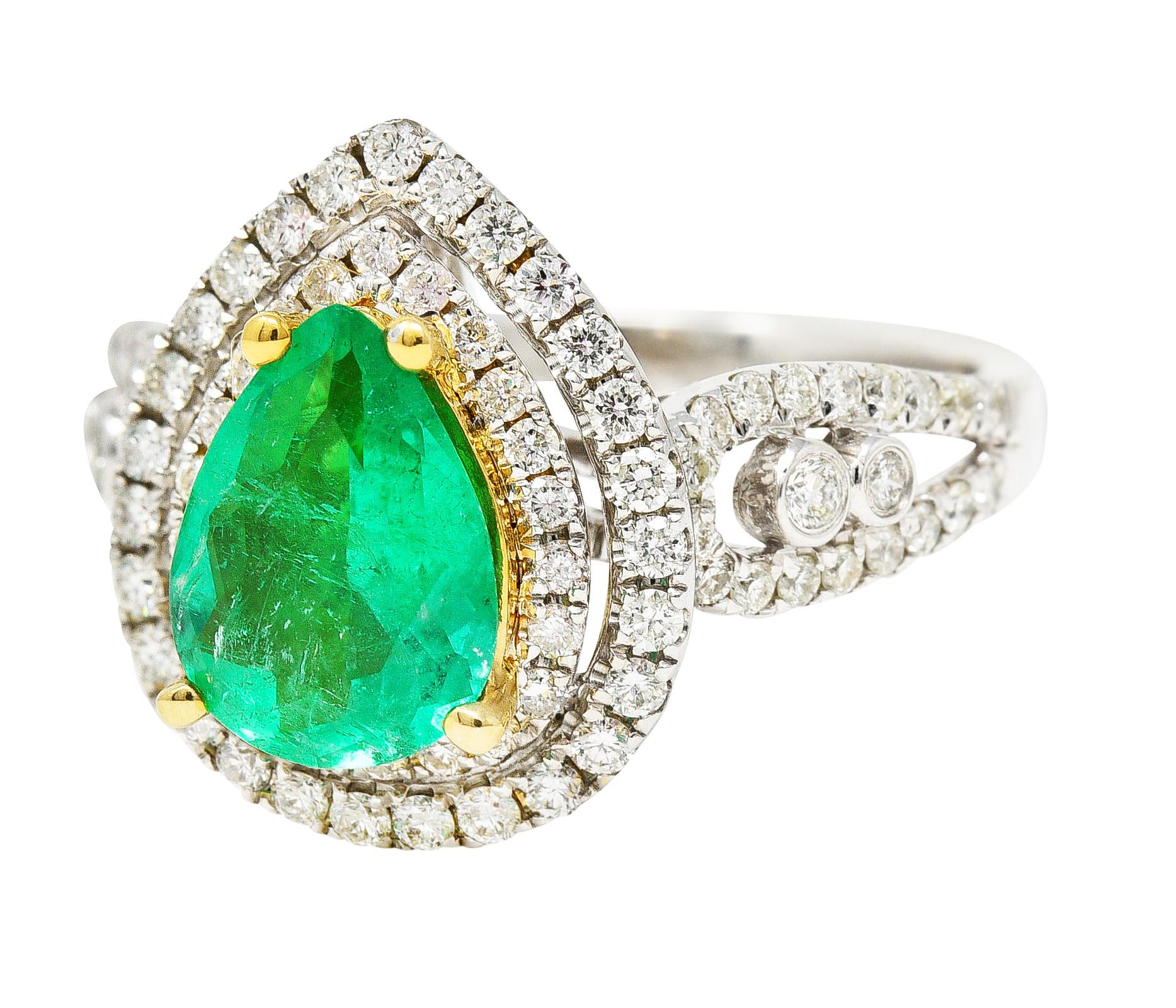 Contemporary 2.00 Carats Emerald Diamond 14 Karat Two-Tone Gold Double Halo Ring For Sale 2