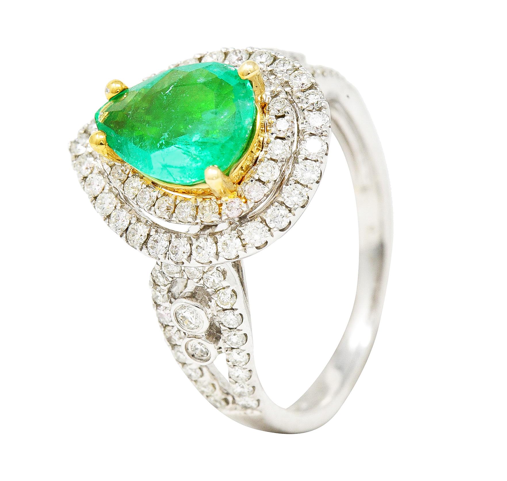 Contemporary 2.00 Carats Emerald Diamond 14 Karat Two-Tone Gold Double Halo Ring For Sale 3