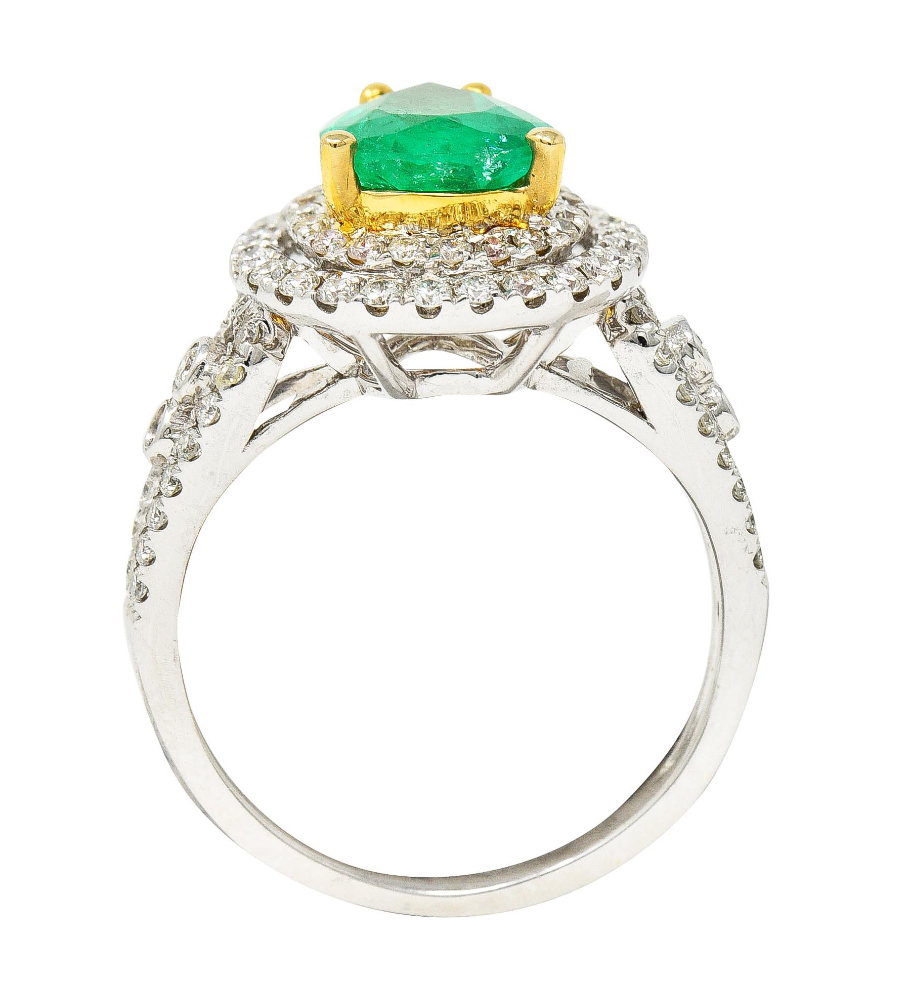 Contemporary 2.00 Carats Emerald Diamond 14 Karat Two-Tone Gold Double Halo Ring For Sale 5