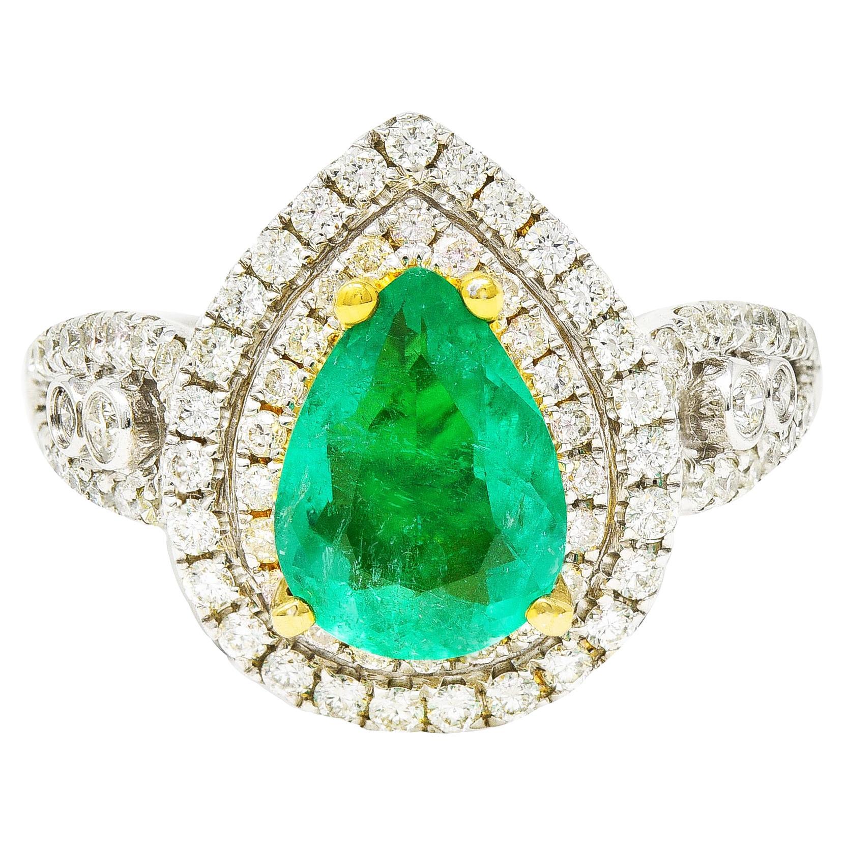 Contemporary 2.00 Carats Emerald Diamond 14 Karat Two-Tone Gold Double Halo Ring For Sale