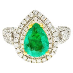 Contemporary 2.00 Carats Emerald Diamond 14 Karat Two-Tone Gold Double Halo Ring