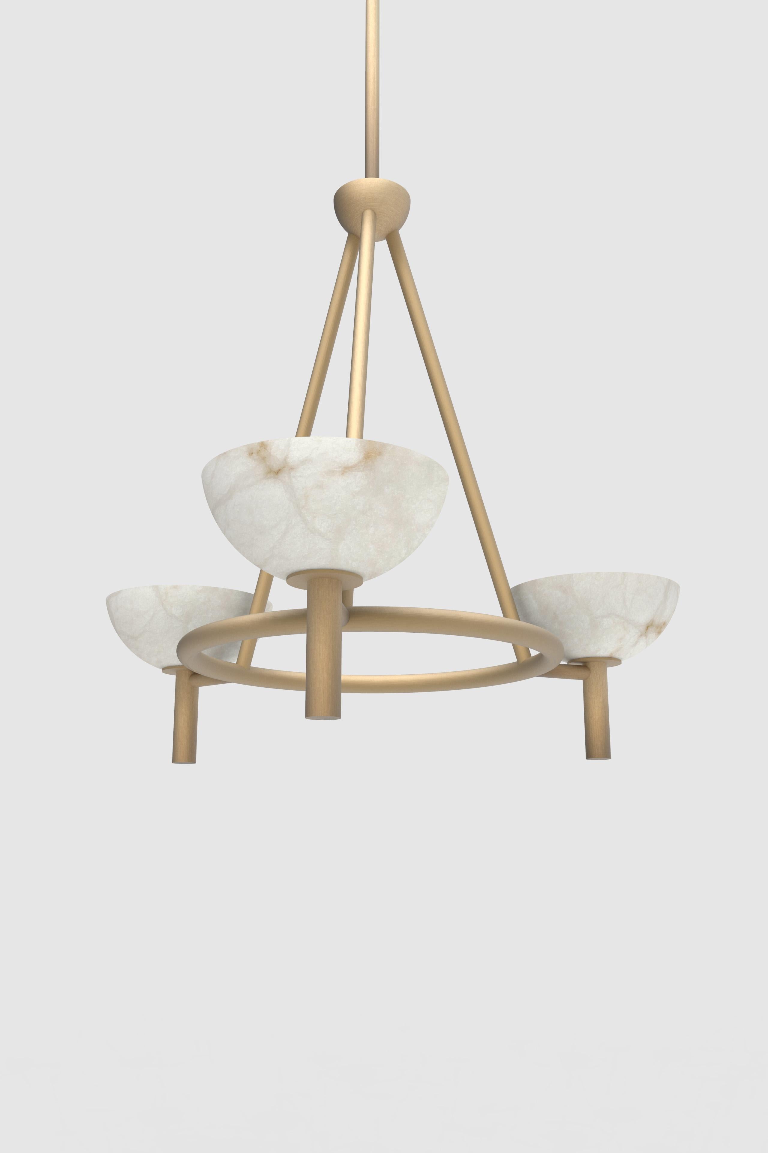 Orphan Work 200A Chandelier BB
Shown in alabaster with brushed brass
Available in brushed brass and blackened brass
Measures: 34” diameter x 24” height
Height to order
UL approved
Holds (3) 60W candelabra bulb
Must use LED bulb 
Uplight with