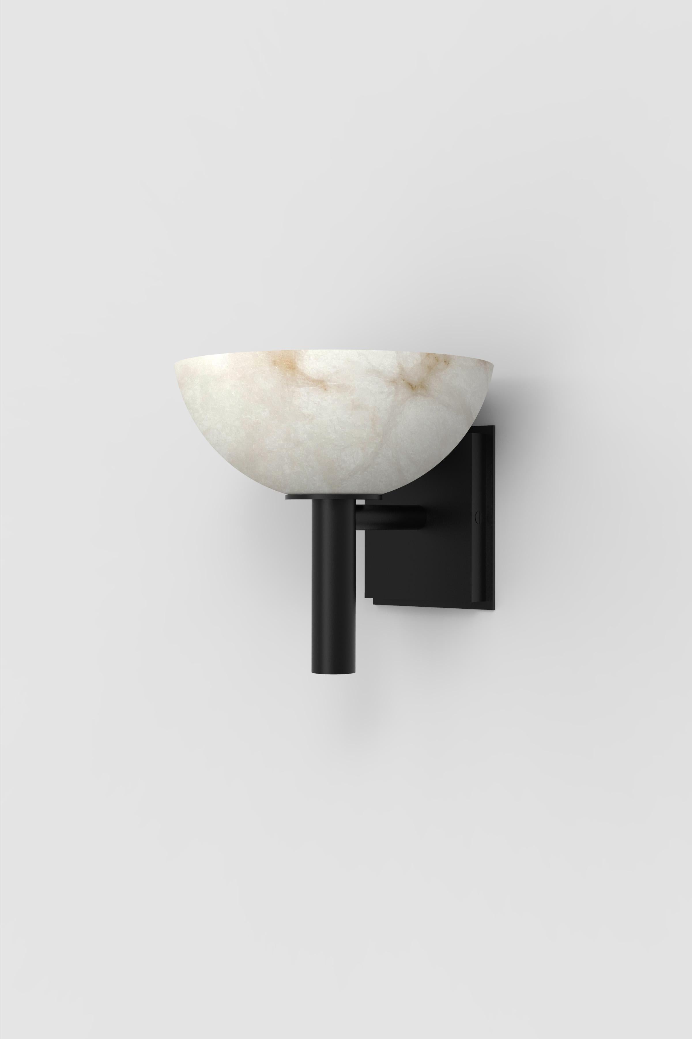 Orphan Work 200A Sconce BLK
Shown in alabaster with blackened brass 
Available in brushed brass and blackened brass
Measures: 8.625” height x 9.75” depth x 9.5