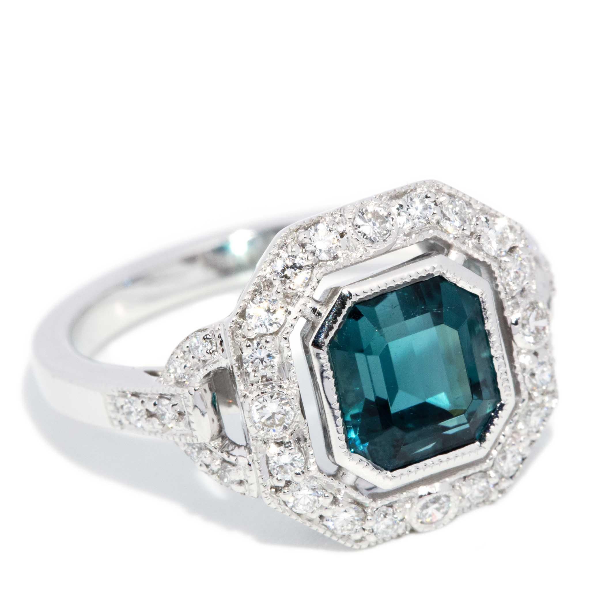 Emerald Cut Contemporary 2.00ct Teal Indicolite Tourmaline & Diamond Ring 18ct White Gold For Sale