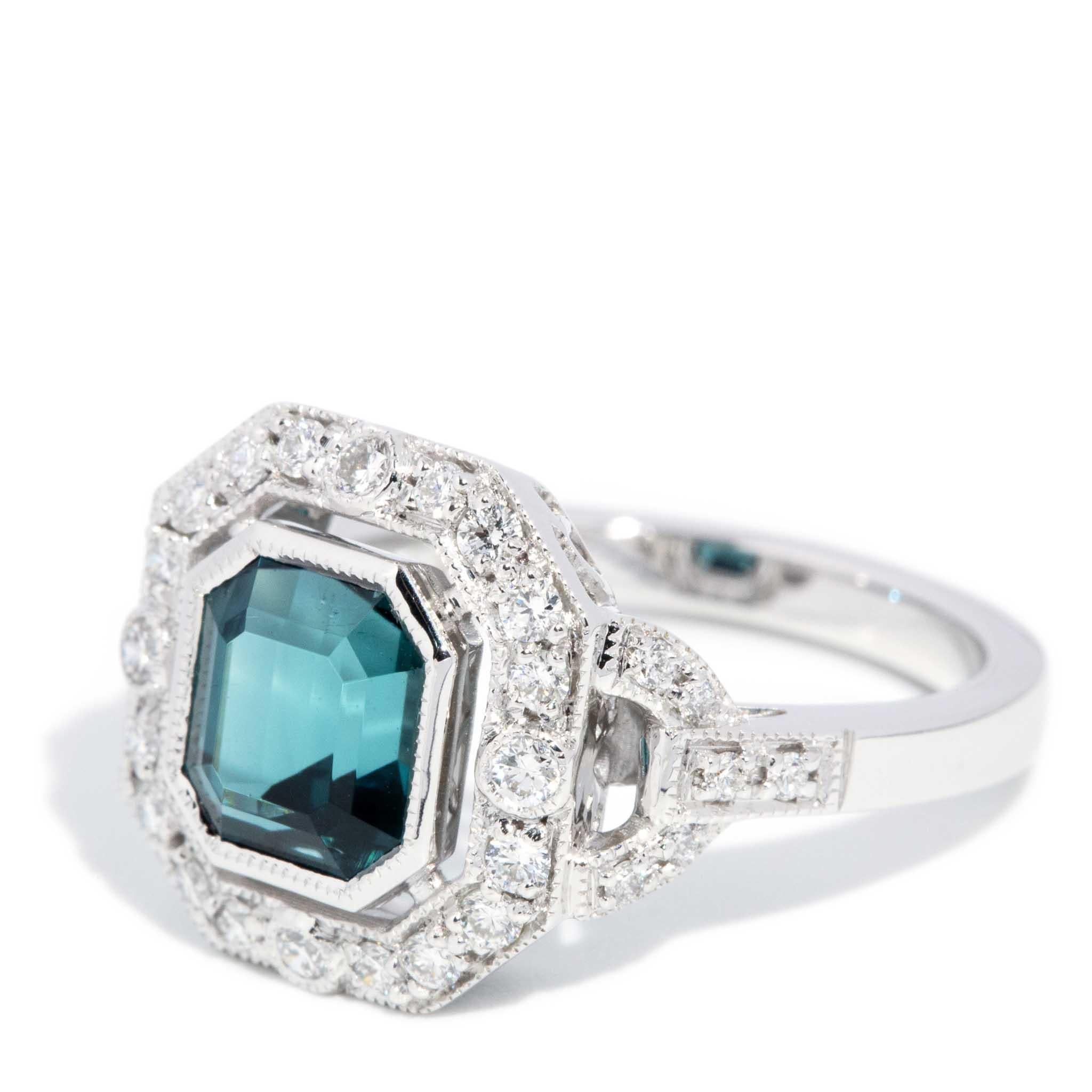 Contemporary 2.00ct Teal Indicolite Tourmaline & Diamond Ring 18ct White Gold In New Condition For Sale In Hamilton, AU