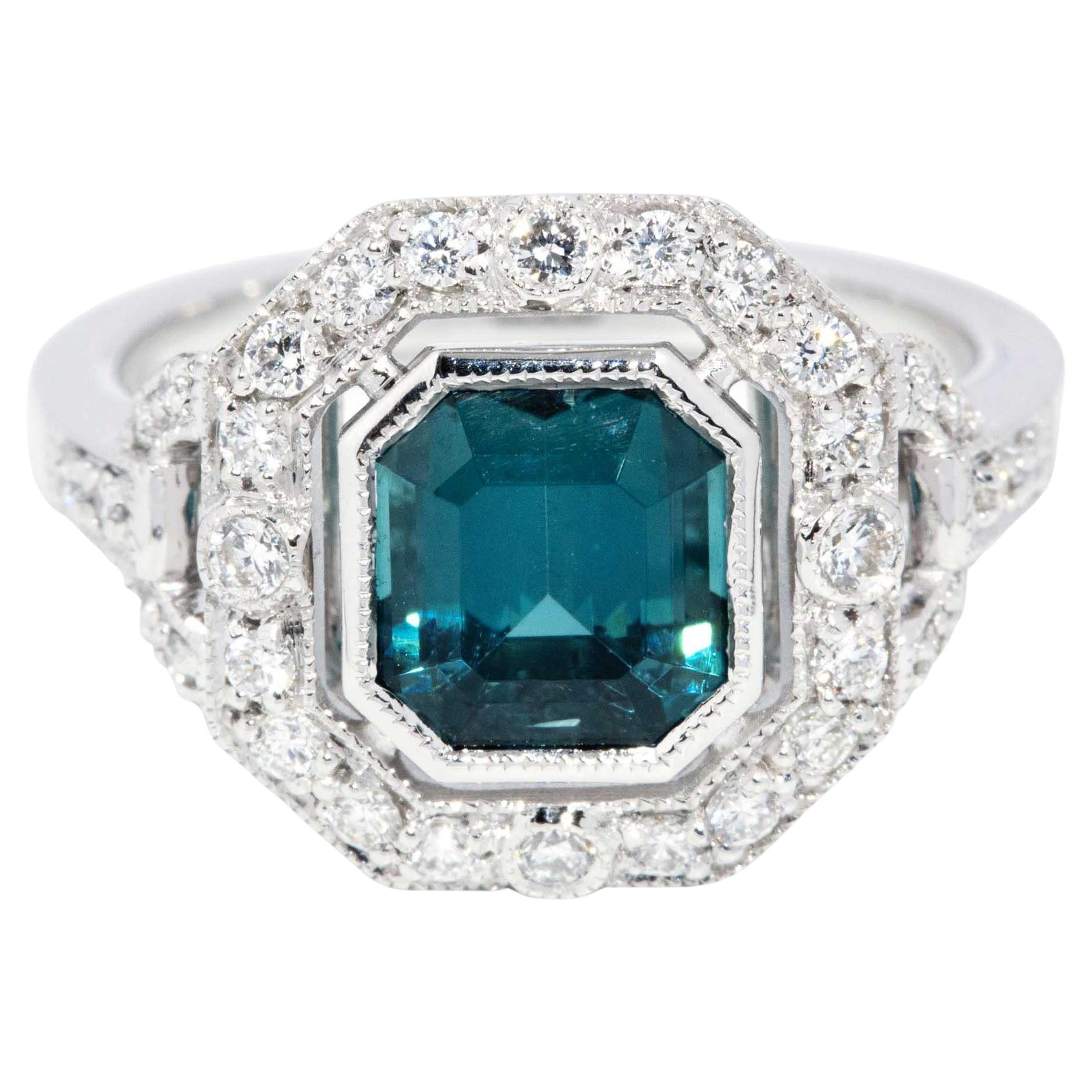 Contemporary 2.00ct Teal Indicolite Tourmaline & Diamond Ring 18ct White Gold