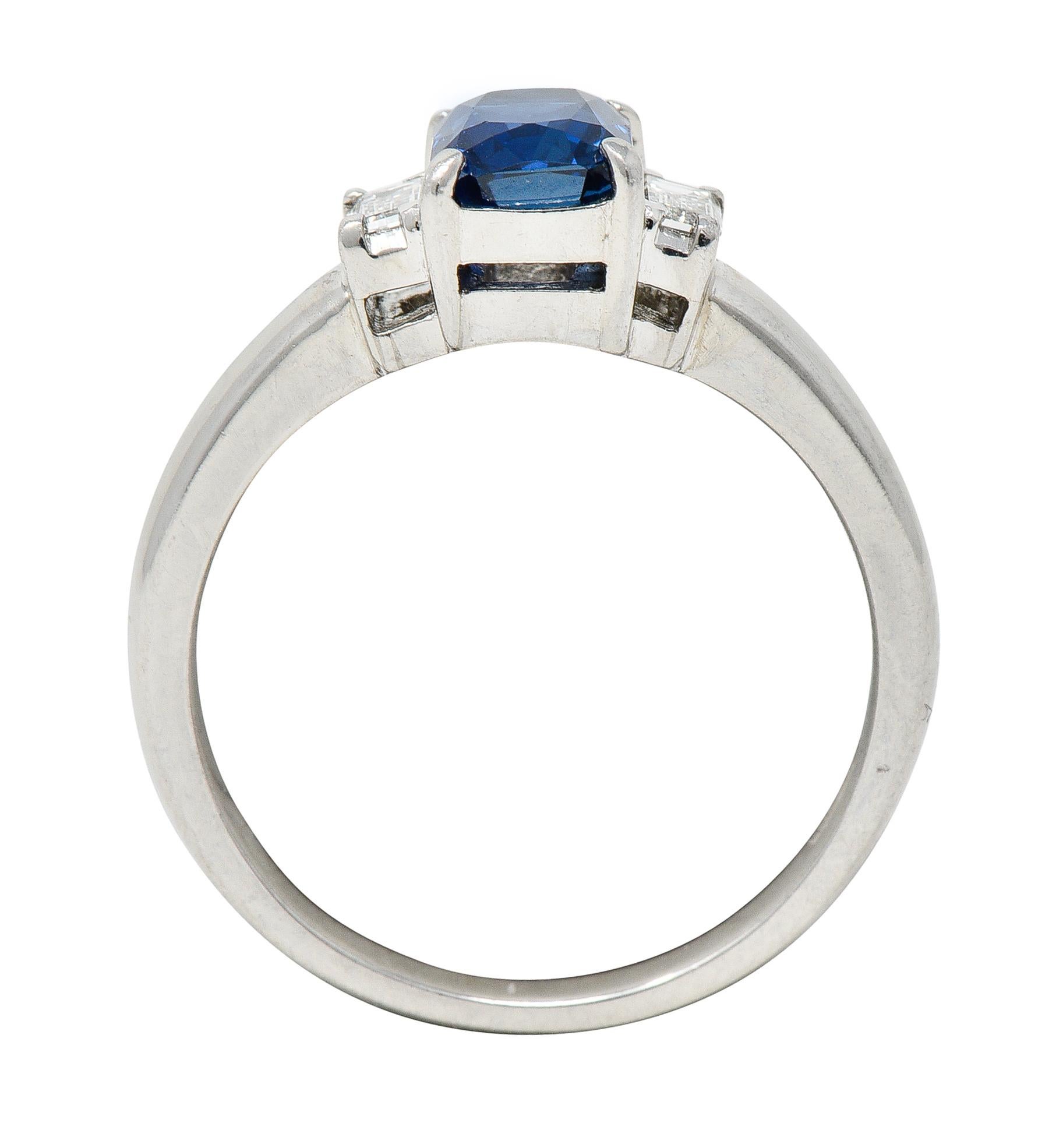 Contemporary 2.01 Carats Cushion Cut Sapphire Diamond Platinum Three Stone Ring For Sale 7