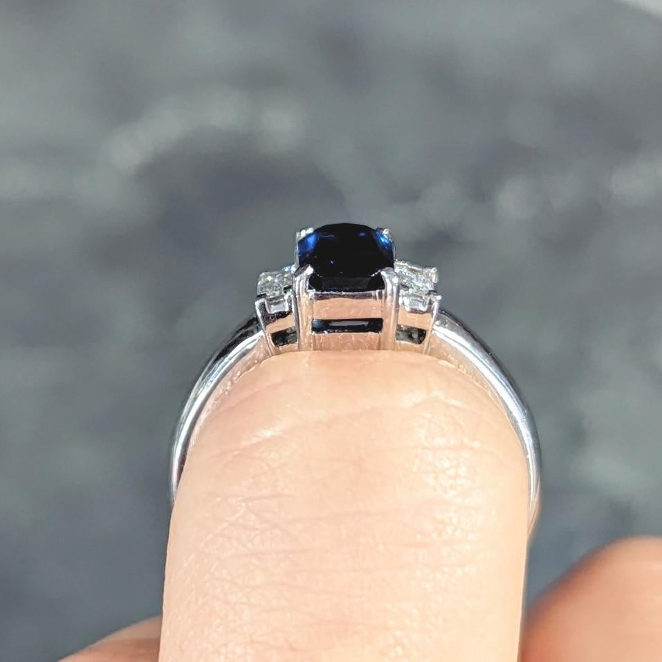 Contemporary 2.01 Carats Cushion Cut Sapphire Diamond Platinum Three Stone Ring For Sale 11