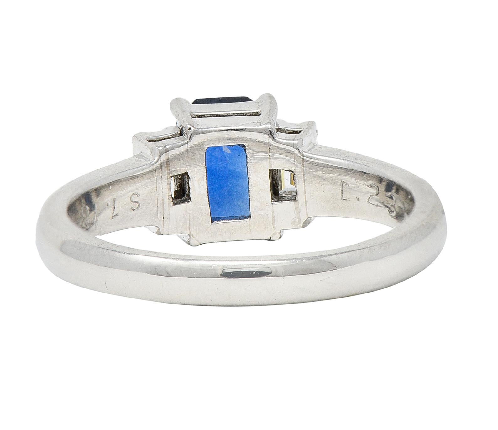 Women's or Men's Contemporary 2.01 Carats Cushion Cut Sapphire Diamond Platinum Three Stone Ring For Sale