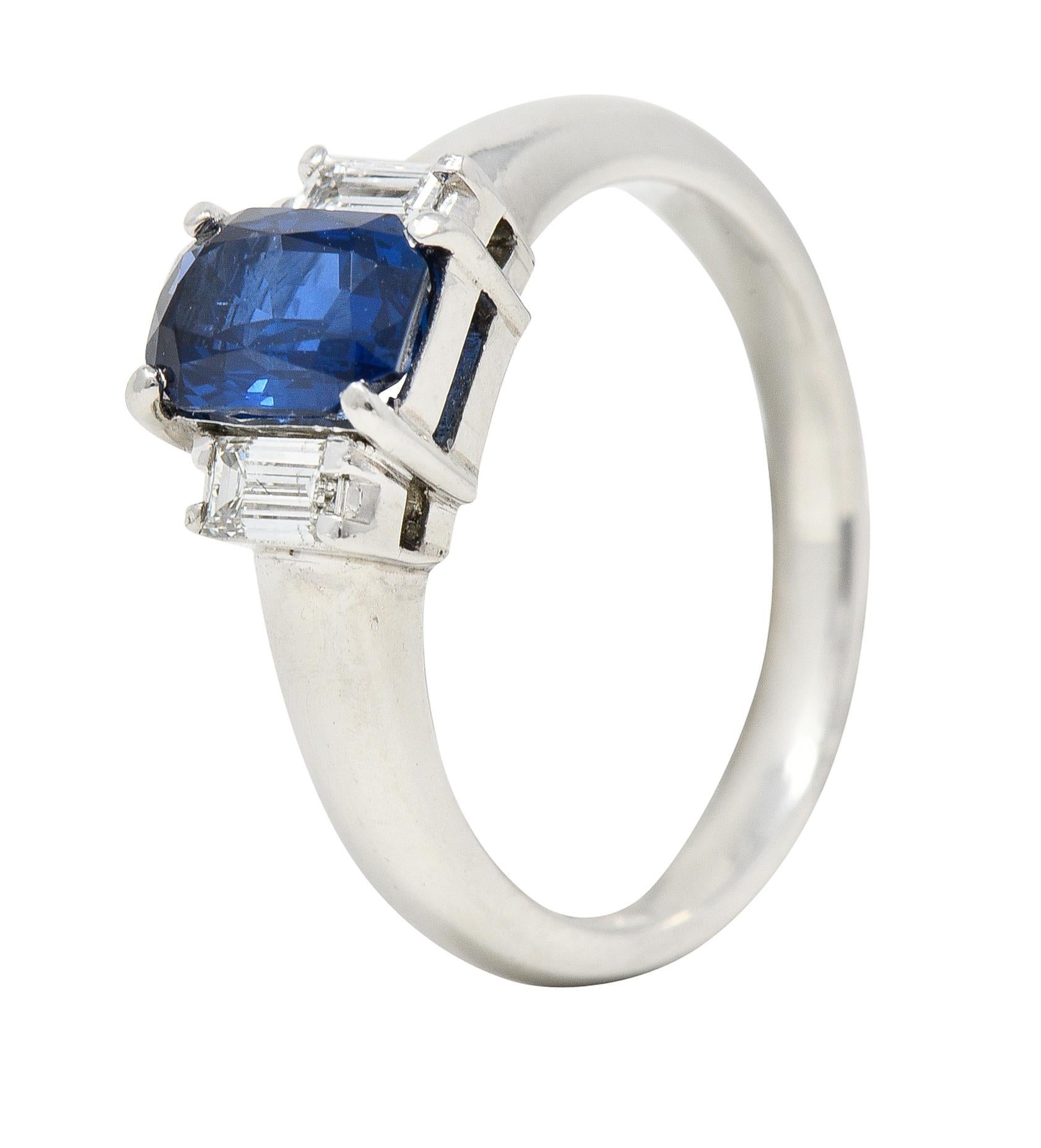 Contemporary 2.01 Carats Cushion Cut Sapphire Diamond Platinum Three Stone Ring For Sale 5