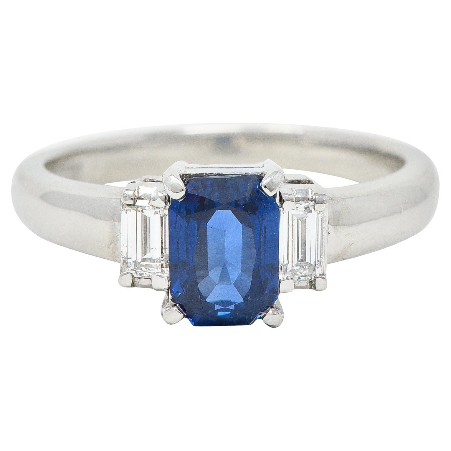 Contemporary 2.01 Carats Cushion Cut Sapphire Diamond Platinum Three Stone Ring For Sale