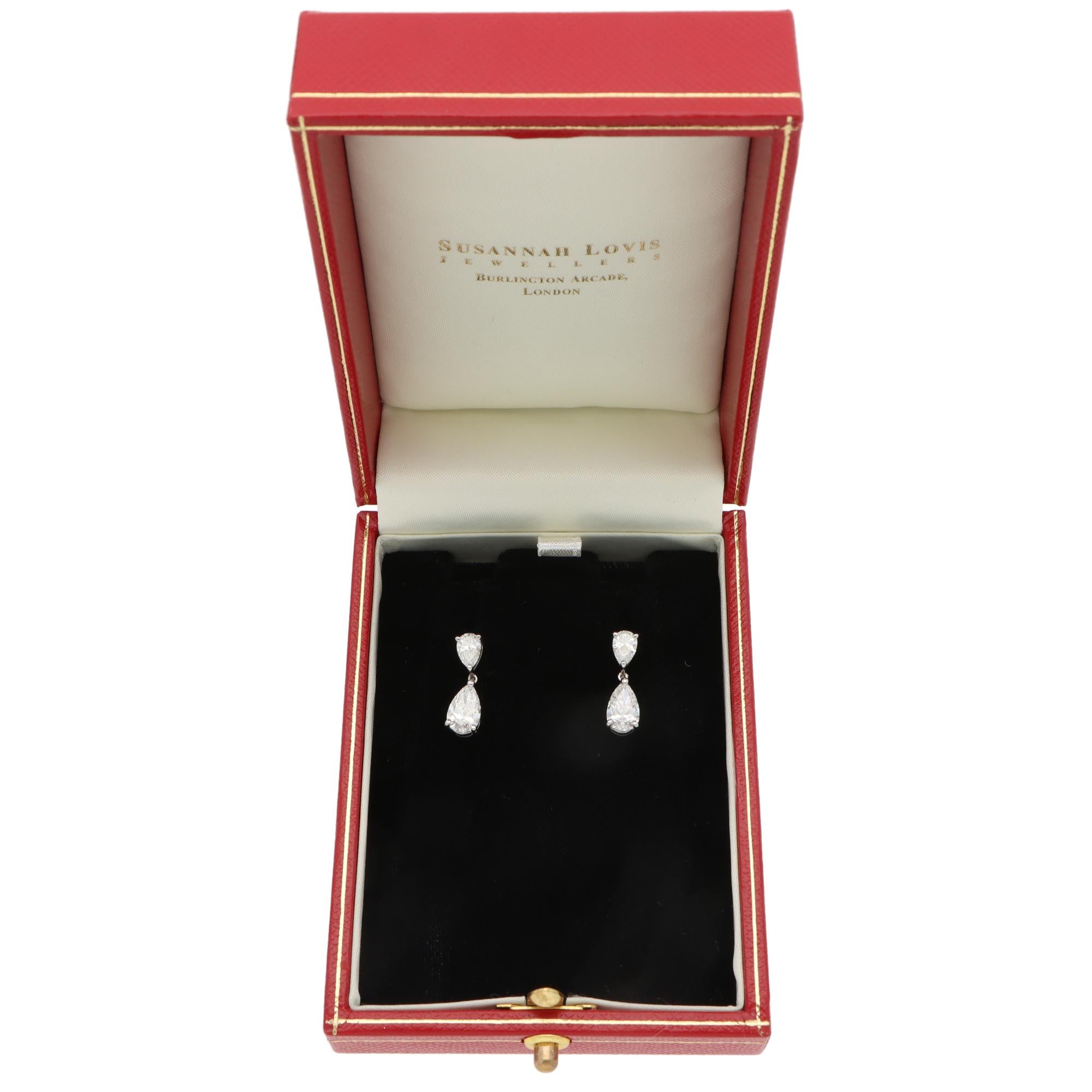 Pear Cut Contemporary 2.01ct Diamond Drop Earrings in Platinum For Sale