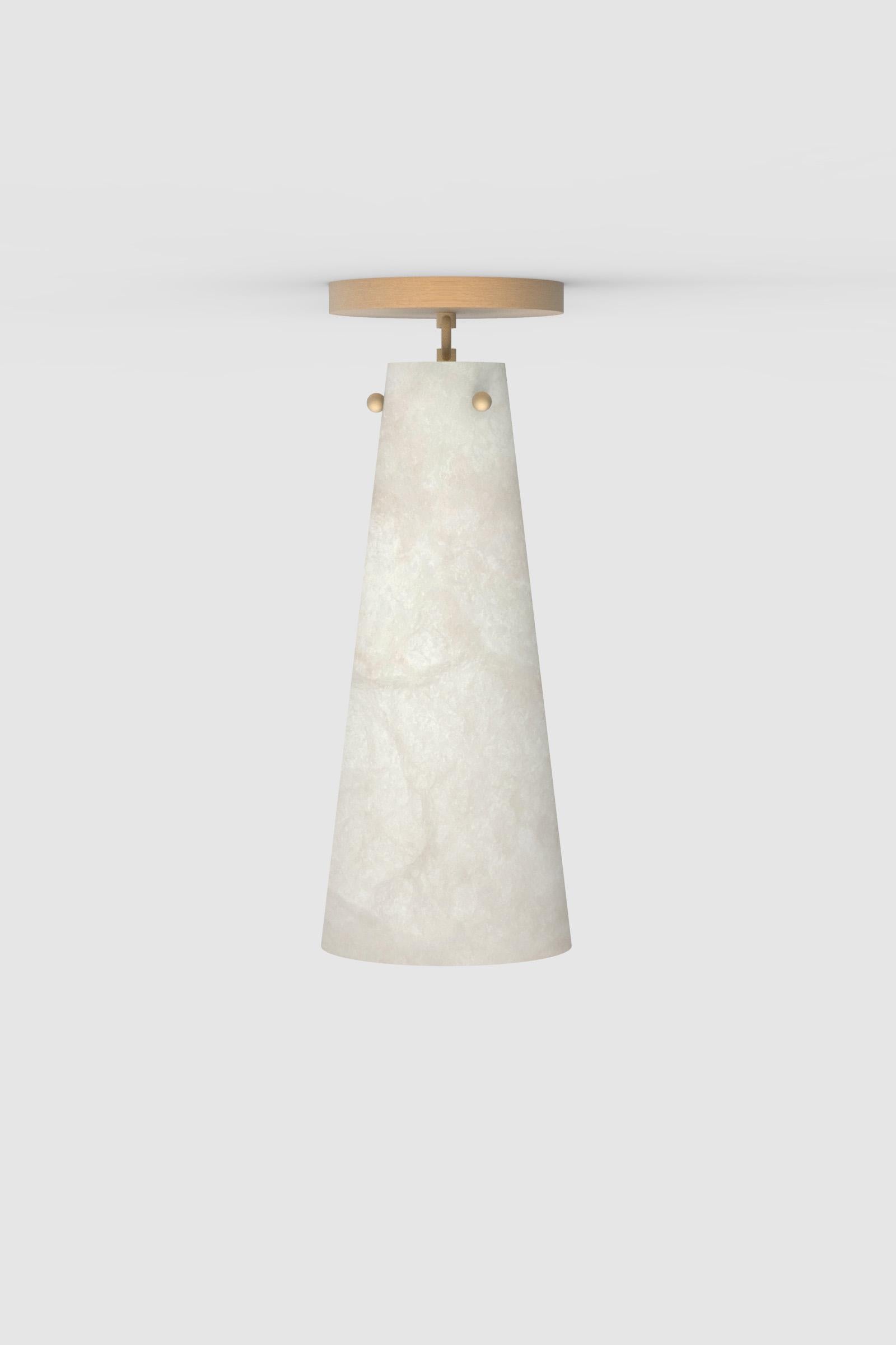 Orphan Work 202A flush mount BB, 2021
Shown in alabaster with brushed brass
Available in brushed brass and blackened brass
Measures: 17” H x 6 1/2” W x 6” D
UL approved
Holds (1) 40W candelabra bulb
must use LED bulb 

Orphan Work is 
