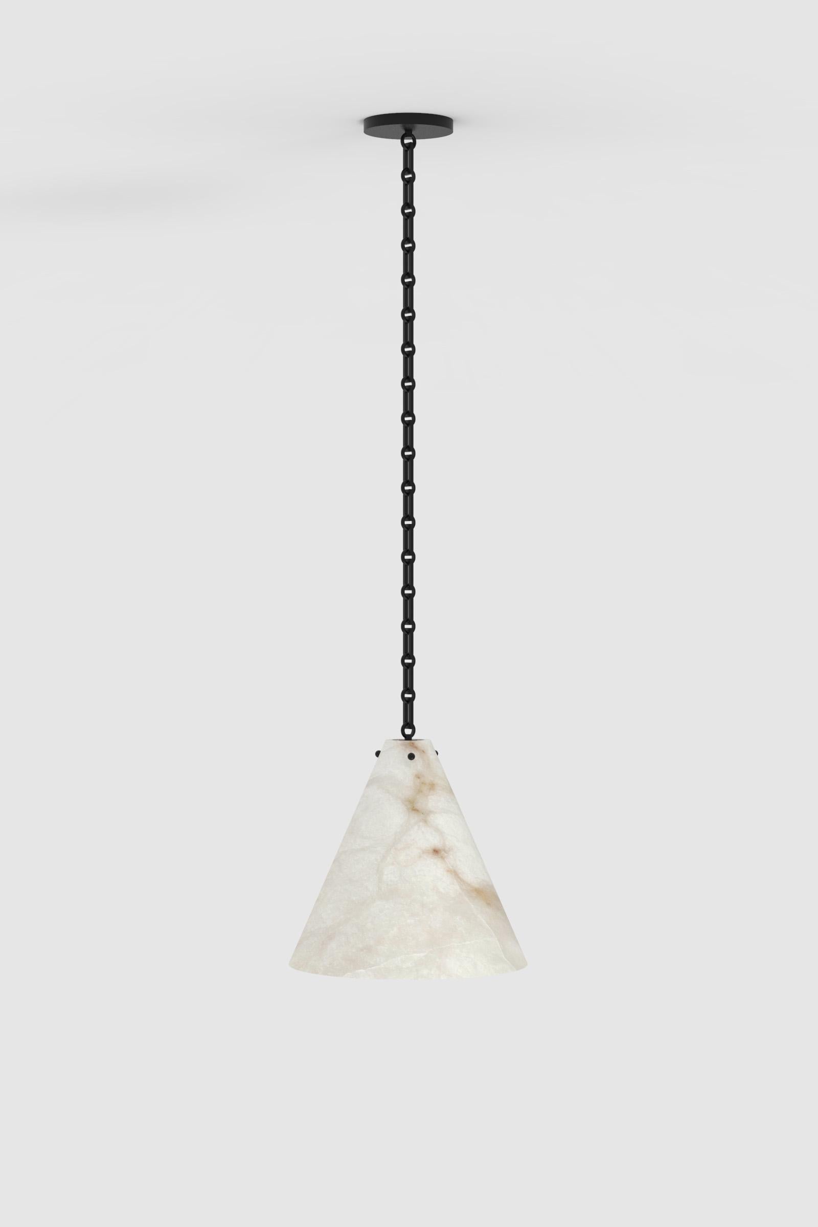 Orphan Work 202A large pendant BLK
Shown in alabaster with blackened brass
Available in brushed brass and blackened brass
Measures: 15” Height x 16” Diameter 
Height and width to order*
Canopy 6