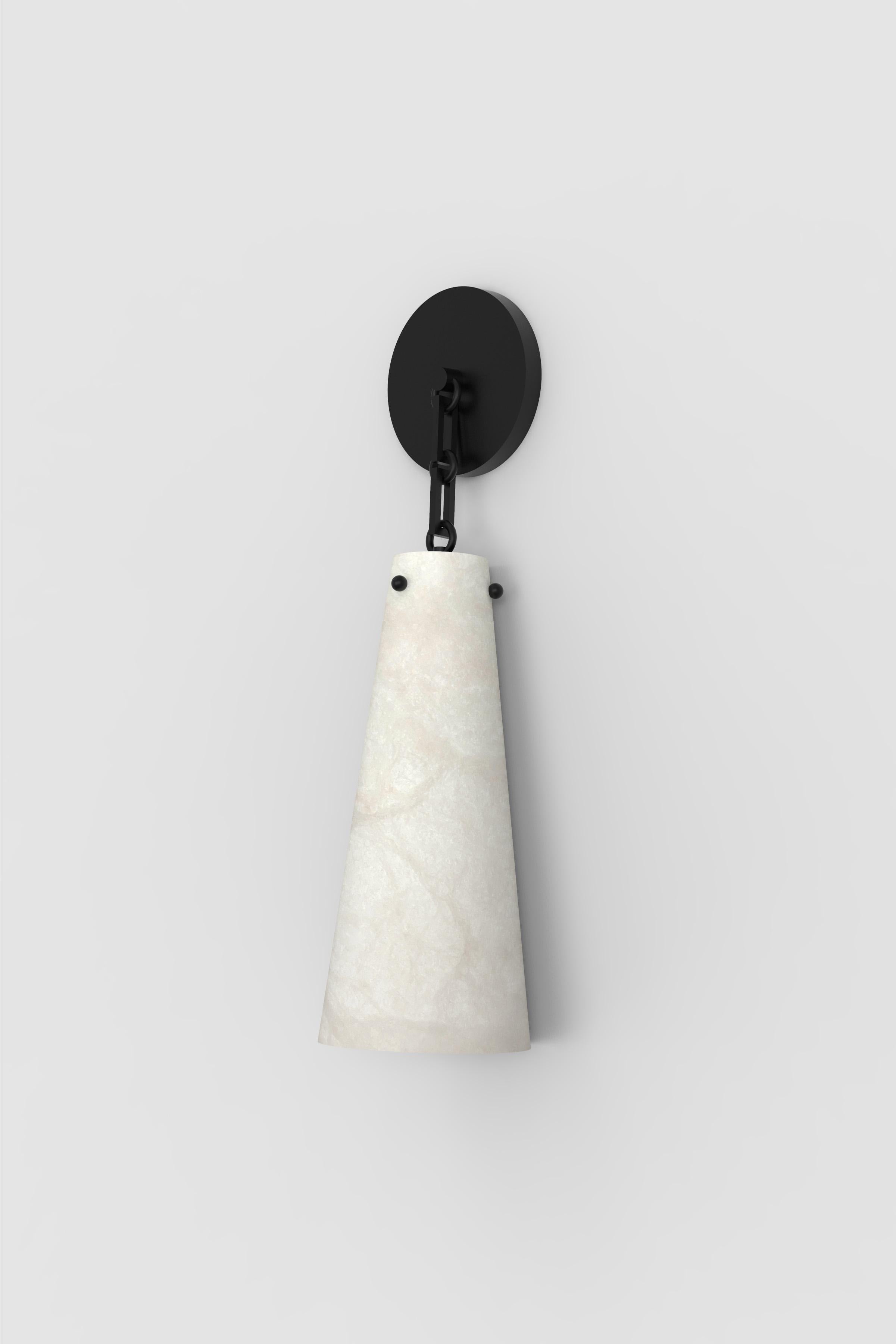 Orphan Work 202A Sconce BLK, 2021
Shown in alabaster with blackened brass
Available in brushed brass and blackened brass
Measures: 24” H x 6 1/2” W x 6” D
Canopy 6