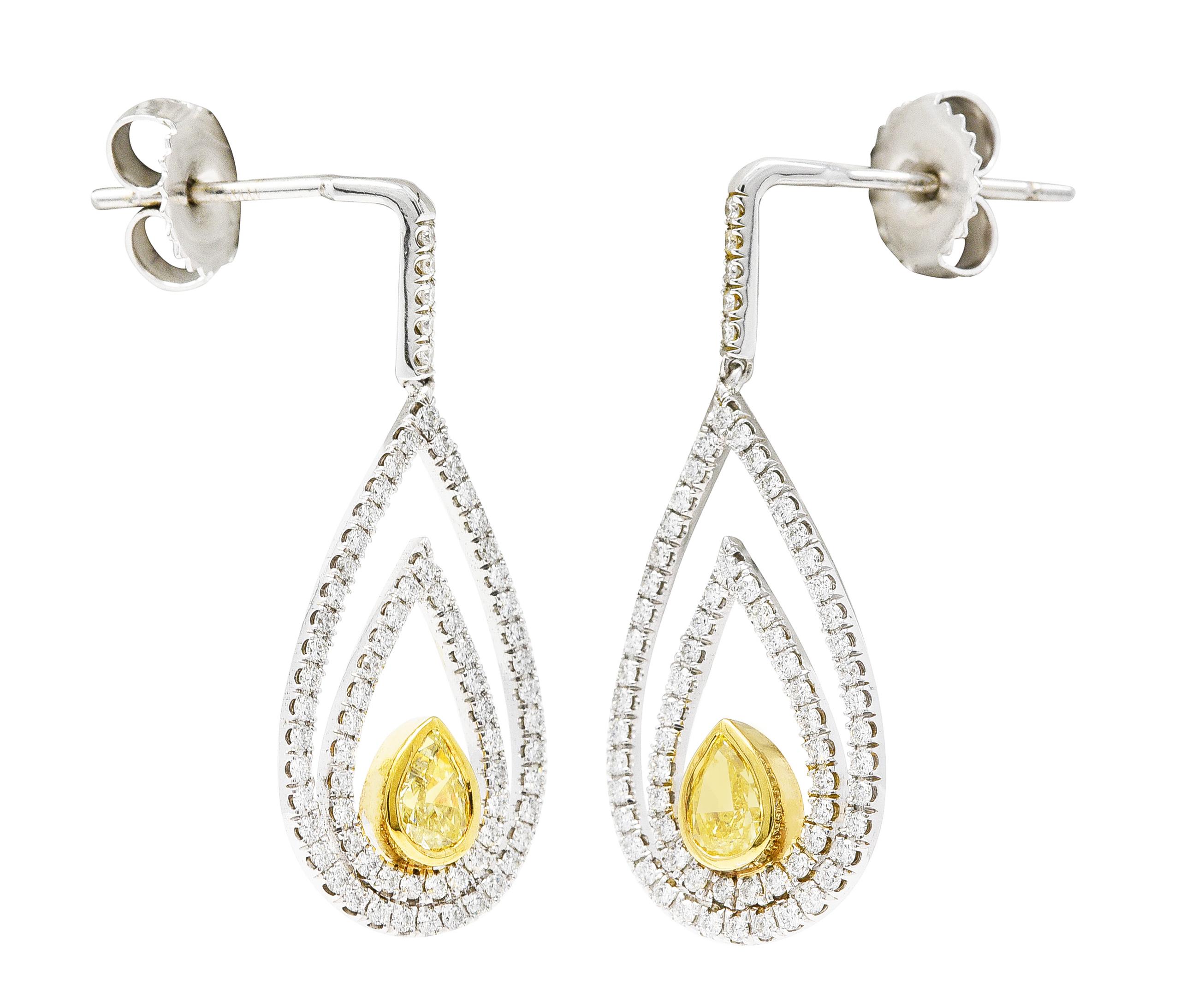 Contemporary 2.04 Carats Fancy Pear Cut Diamond 18 Karat Two-Tone Drop Earrings 2