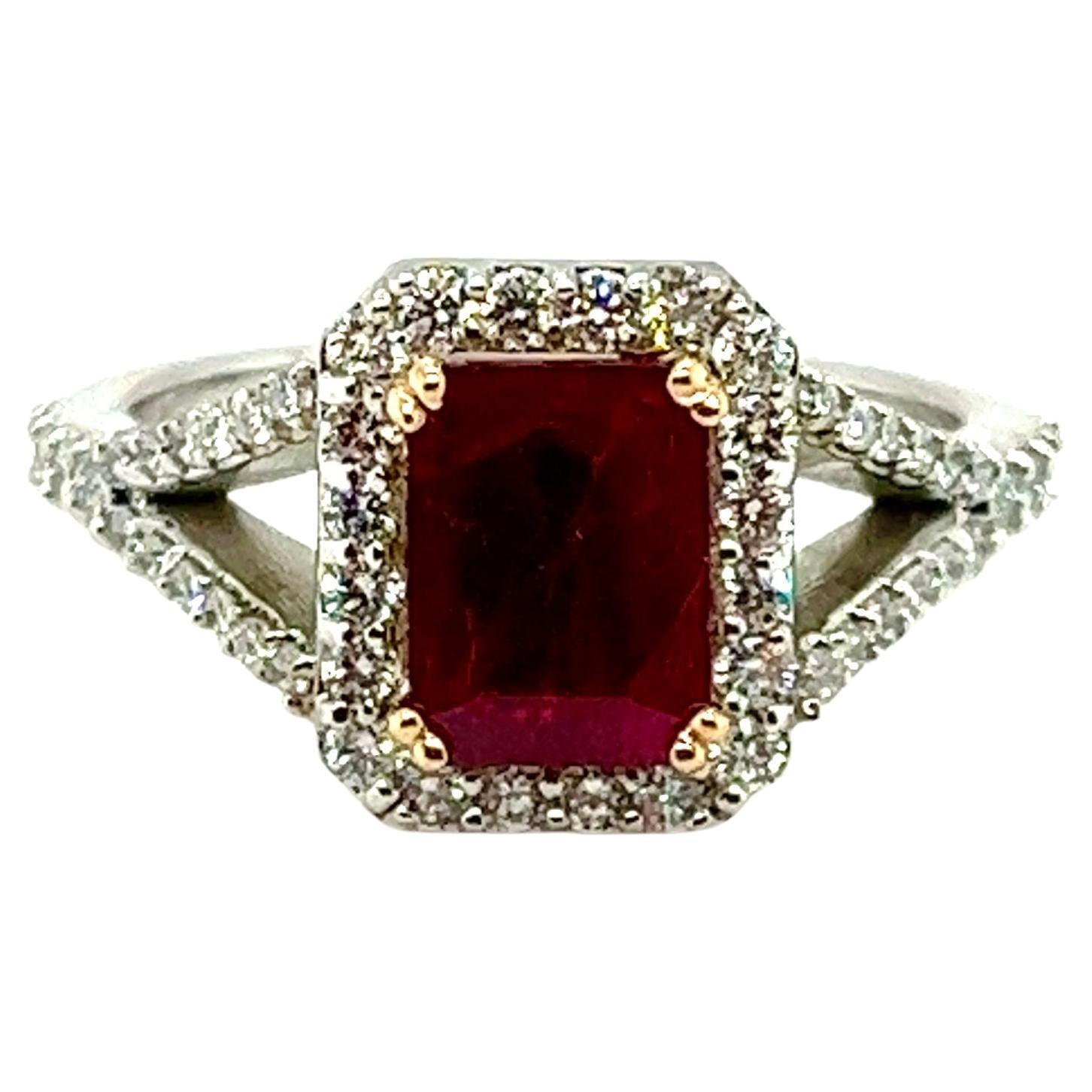 Contemporary 2.08 ctw Ruby Diamond Engagement Ring, 18kt For Sale