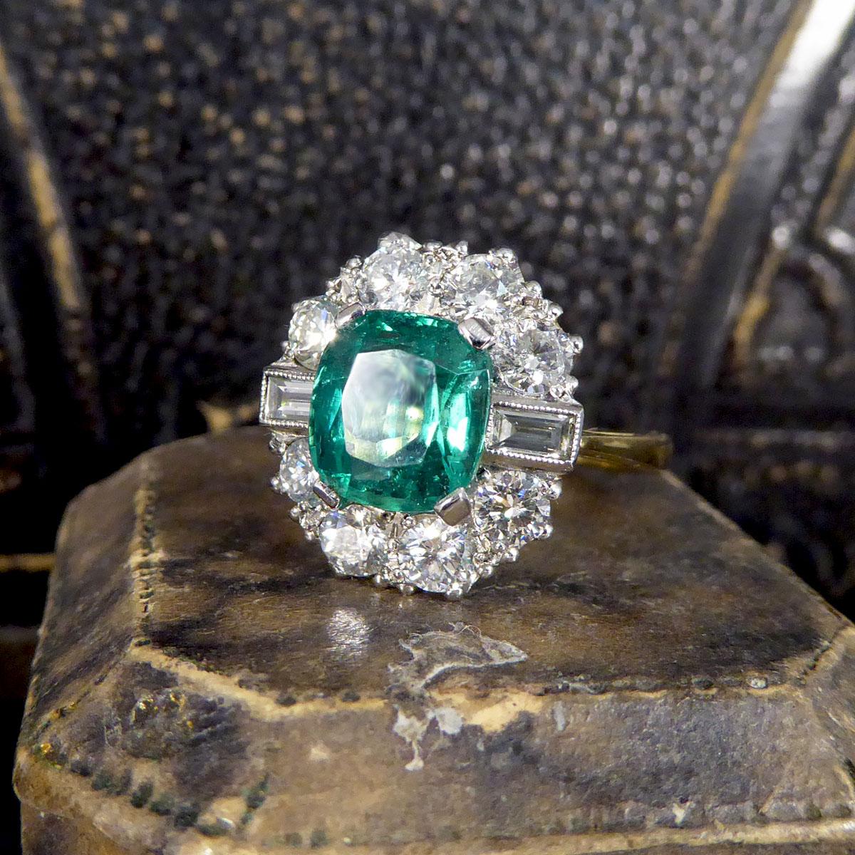 Contemporary 2.08ct Emerald and 1.25ct Diamond Cluster Ring in 18ct Gold 4