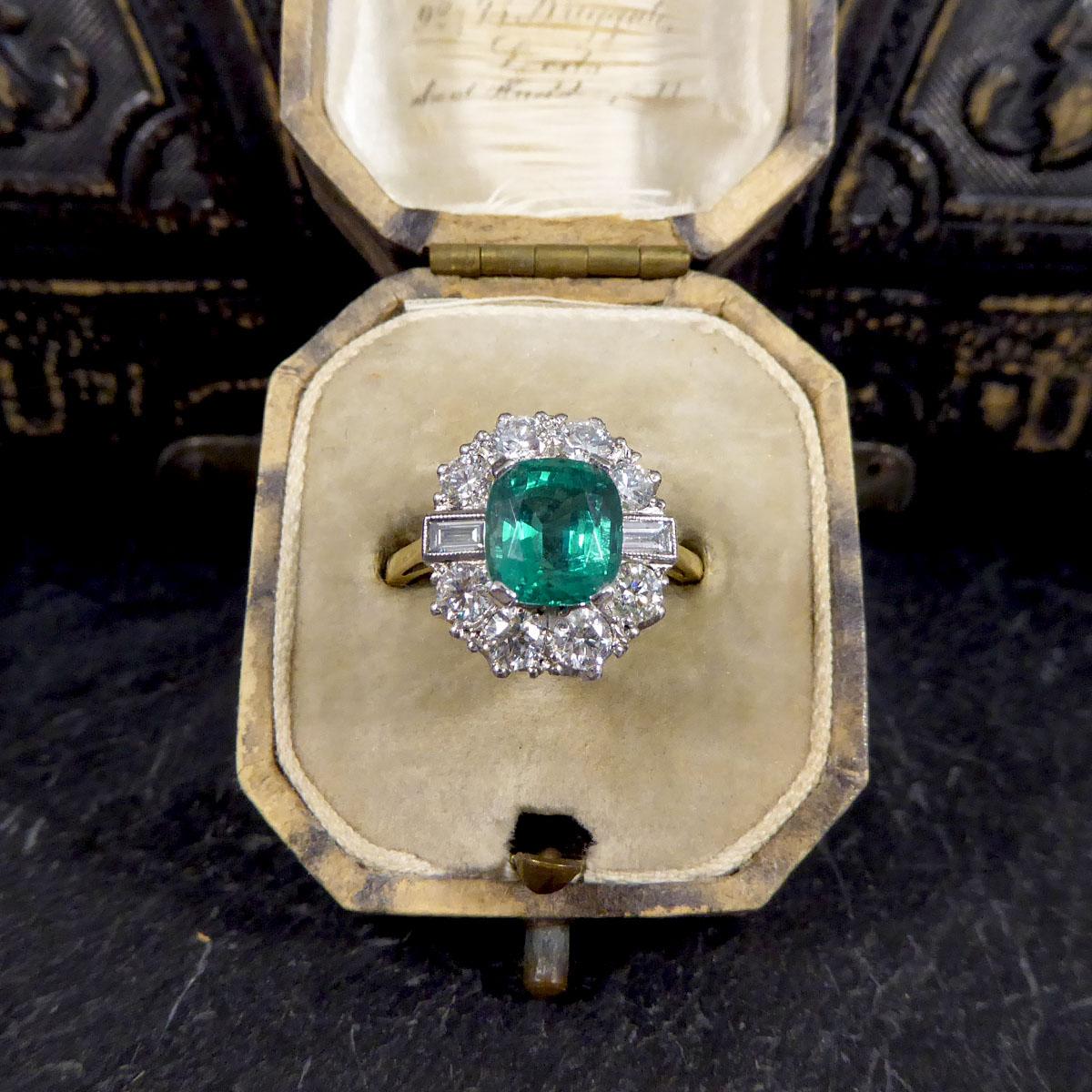 Contemporary 2.08ct Emerald and 1.25ct Diamond Cluster Ring in 18ct Gold 1