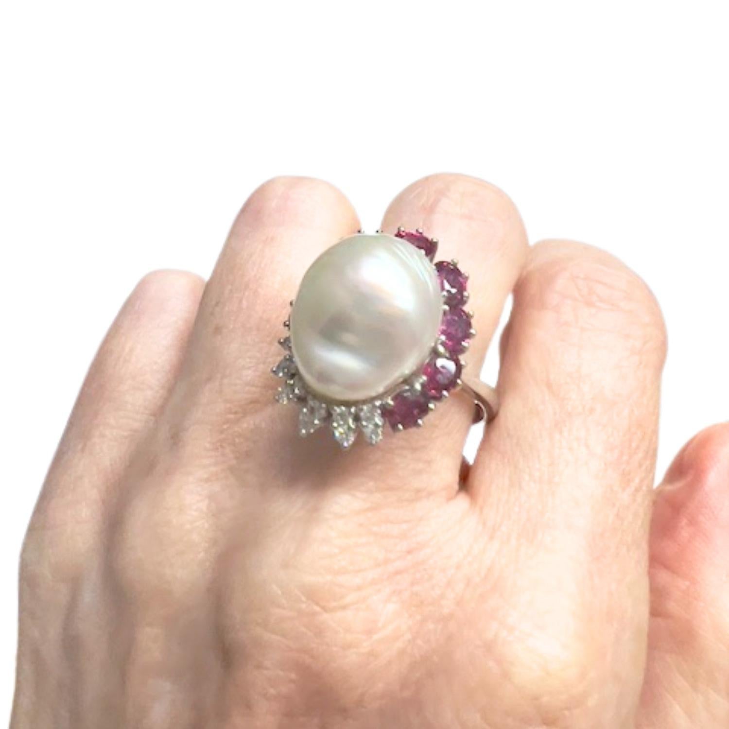 Contemporary 20th Century Diamond, Ruby, and Pearl Gold Ring For Sale 7