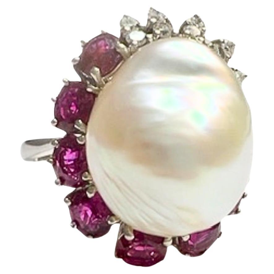 Contemporary 20th Century Diamond, Ruby, and Pearl Gold Ring