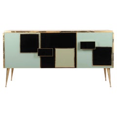 Aparador italiano contemporáneo del siglo XX de madera, cristal y latón