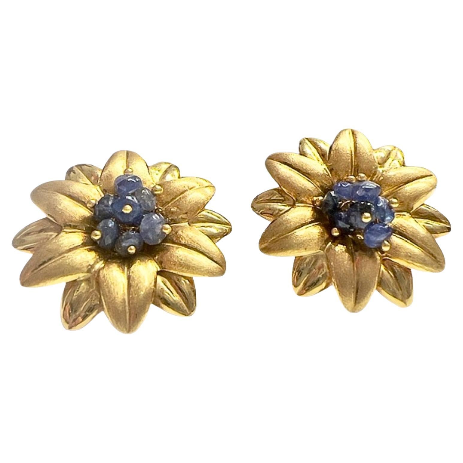 Ces boucles d'oreilles contemporaines du XXe siècle sont réalisées en or 18 carats et ornées de saphirs. 

Ils pèsent 9,20 grammes. 

Les saphirs sont taillés en briolette, avec 12 pierres de 0,30 carat chacune, pour un total de 3,60 carats. 

Les