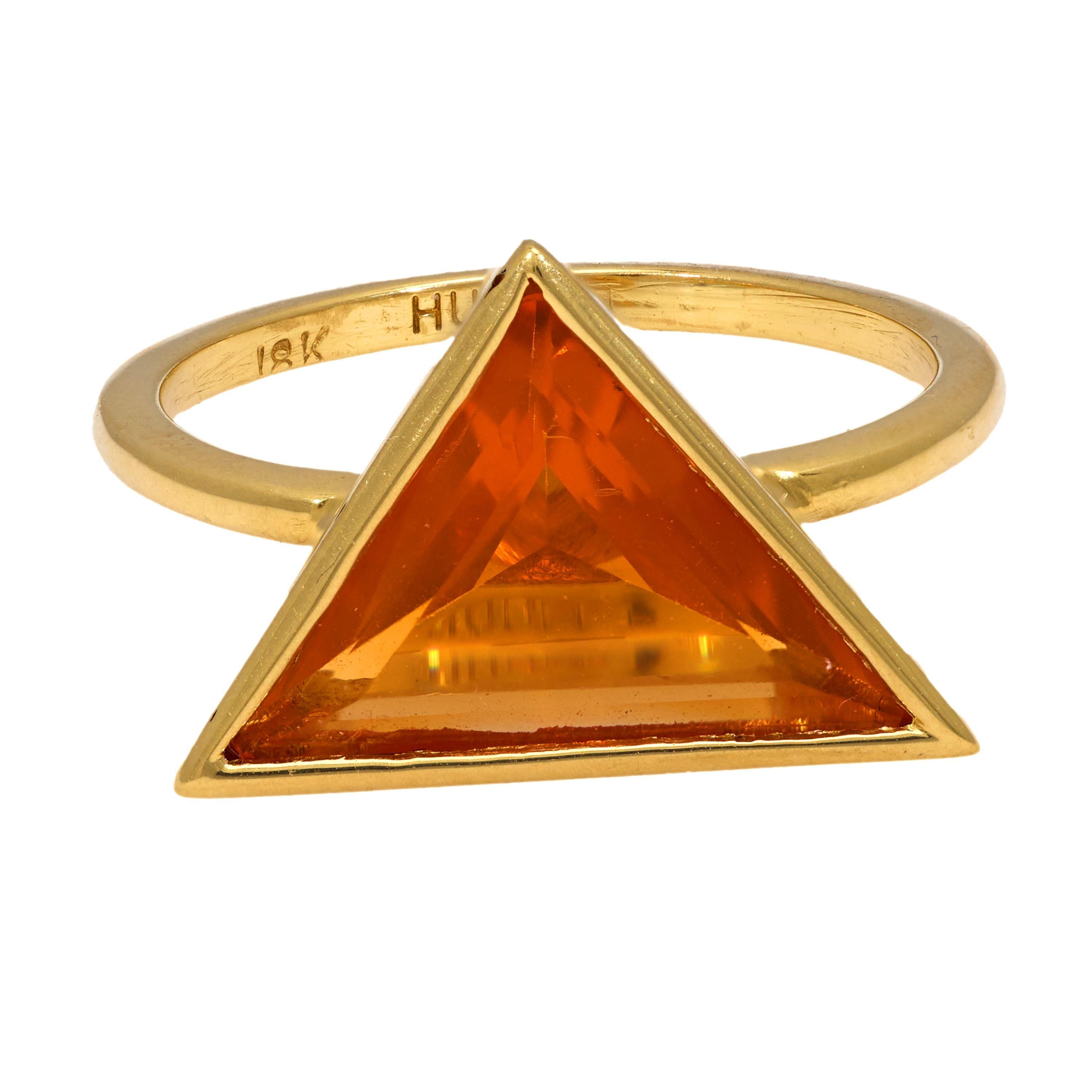 Trillion Cut Contemporary 2.10 carat fire opal 18k yellow gold bezel ring For Sale